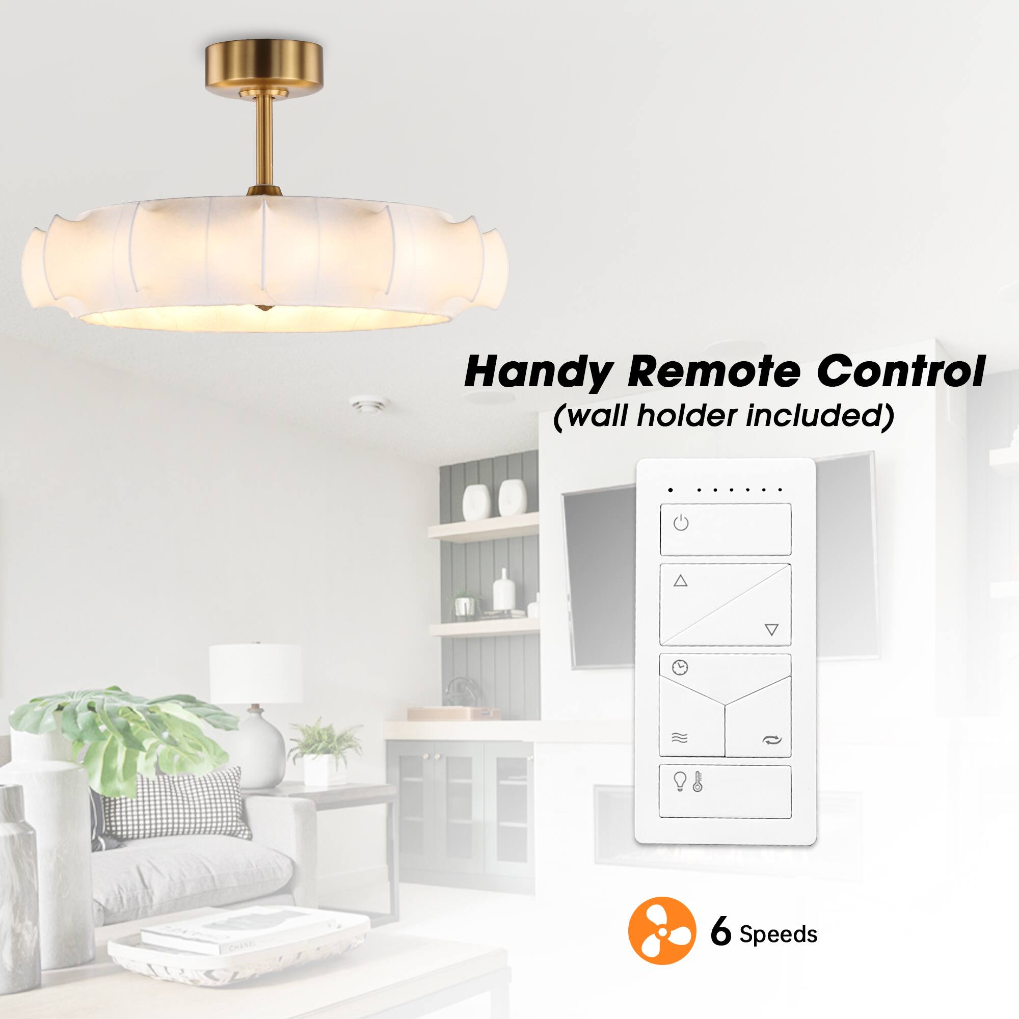 Handy Remote Control (wall holder included)

6 Speeds