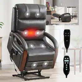APRILSOUL - Power Leatheraire Lift Recliner Chair with Solid Wood Armrests Heat Massage and Heavy Duty Motion Mechanism - Gray