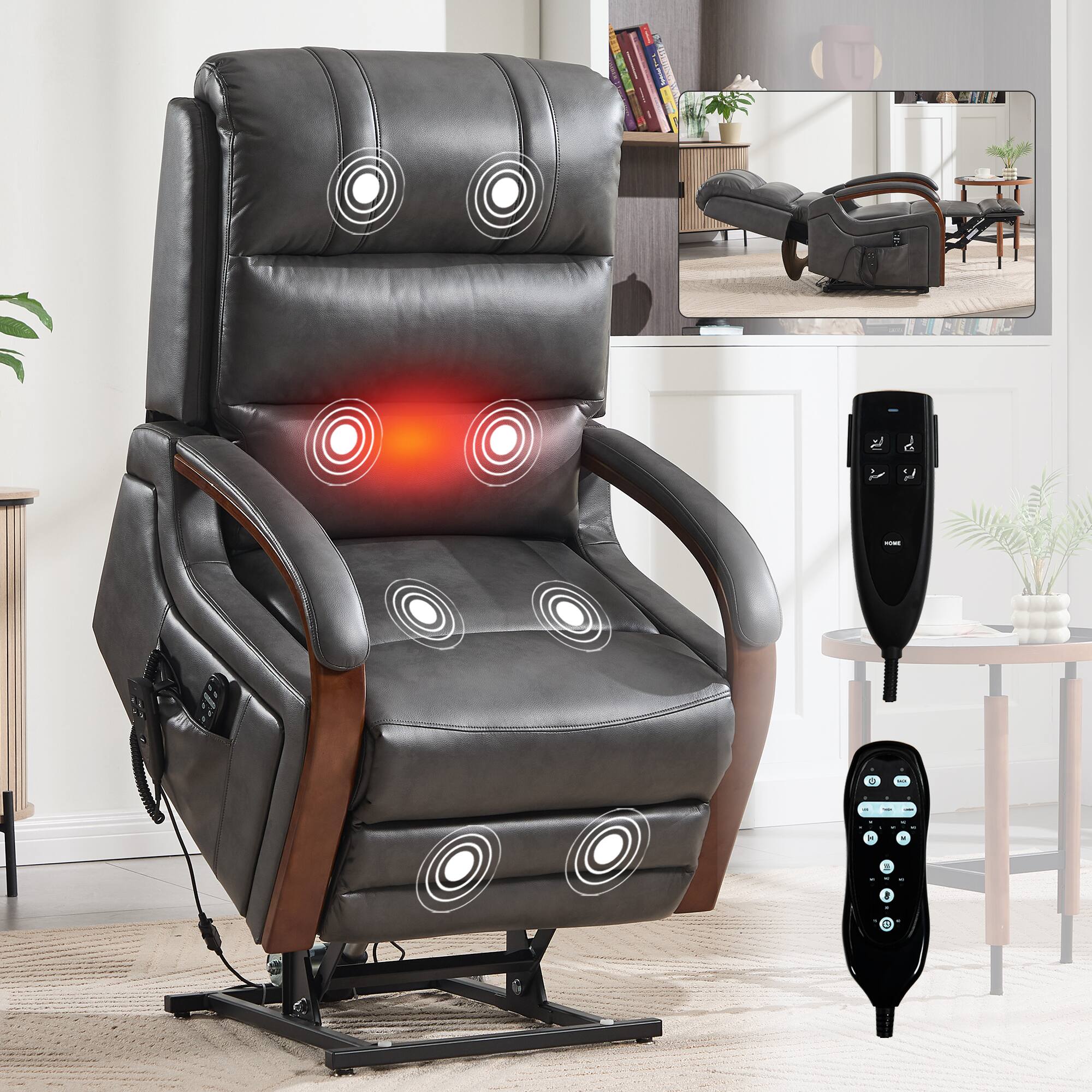 Front. APRILSOUL - Power Leatheraire Lift Recliner Chair with Solid Wood Armrests Heat Massage and Heavy Duty Motion Mechanism - Grey.
