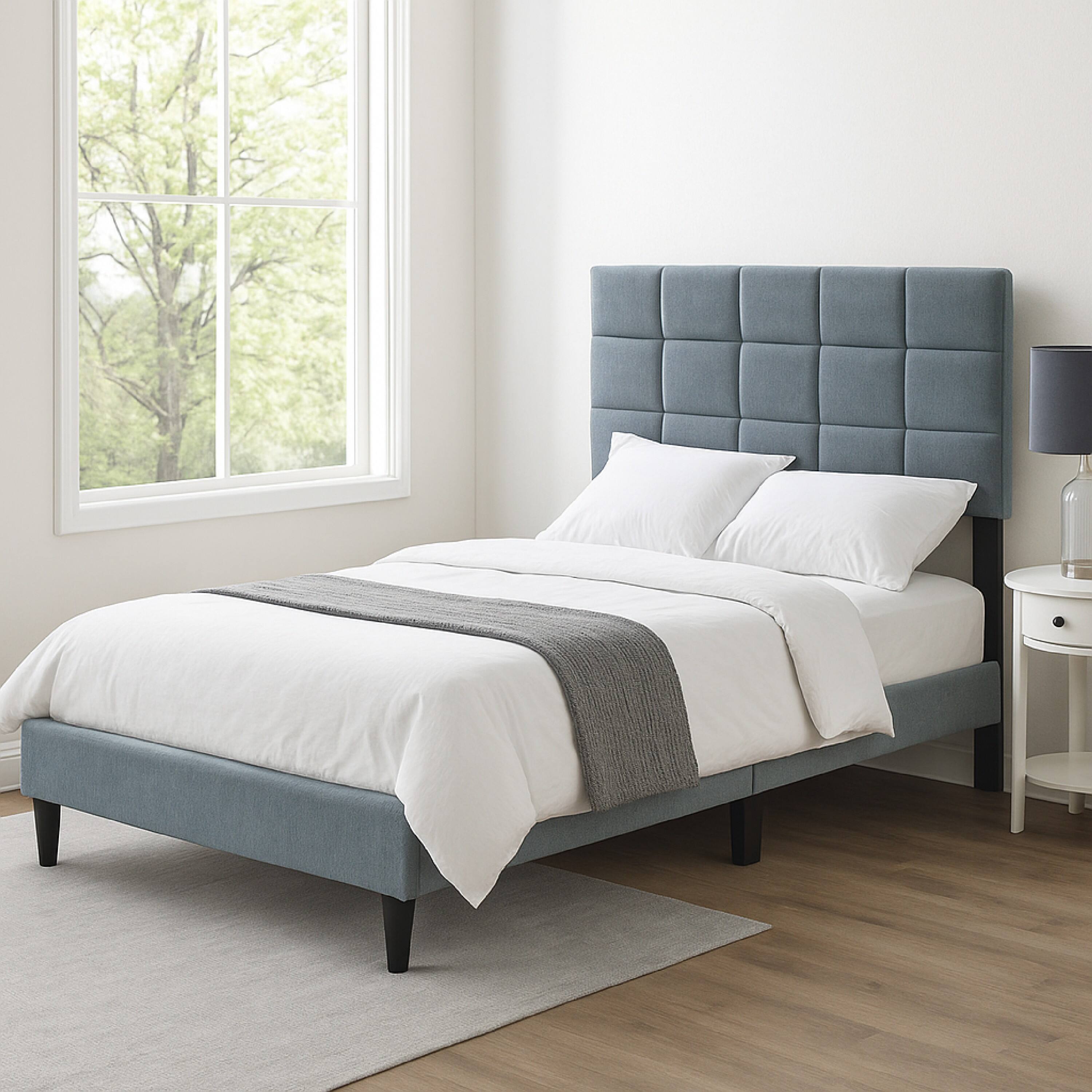 Alt View 2. Manhattan Lane - Lilian Full Bed, Tufted Gray Linen Upholstery, Biscuit Tufted Stitch - Gray, Black.