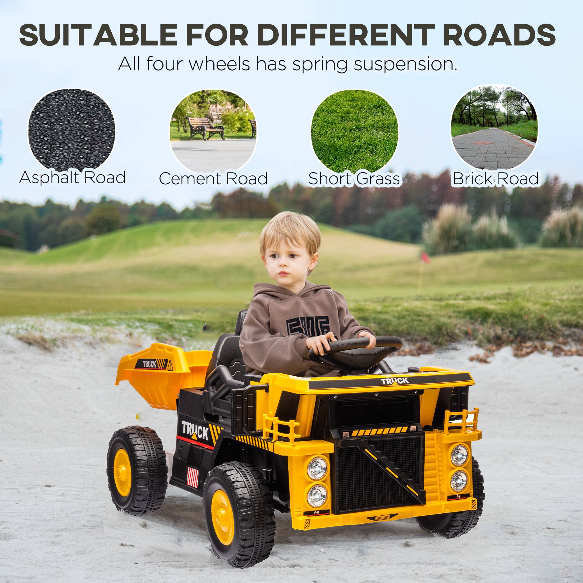 SUITABLE FOR DIFFERENT ROADS  
All four wheels have spring suspension.  

- Asphalt Road  
- Cement Road  
- Short Grass  
- Brick Road