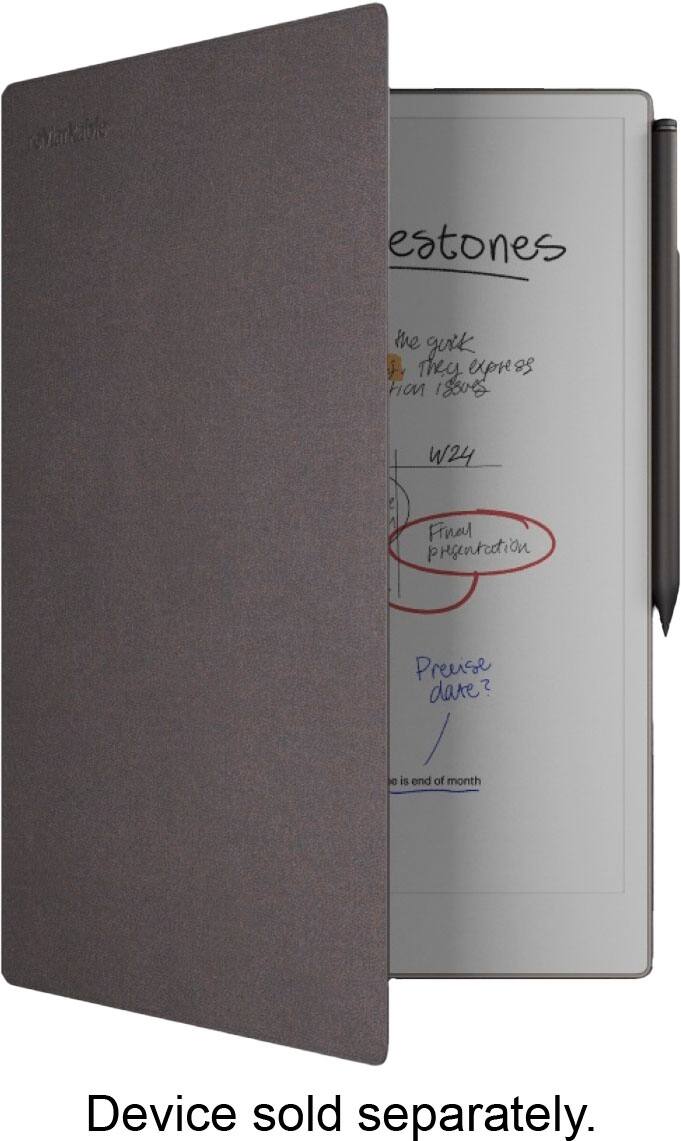 The image displays a notebook with a note that says "Device sold separately." The notebook is opened to reveal a page with a list of "Catalysts" written on it. The text suggests that the notebook is designed to help users organize their thoughts and ideas, and the device being referred to is likely a separate item that can be used in conjunction with the notebook.