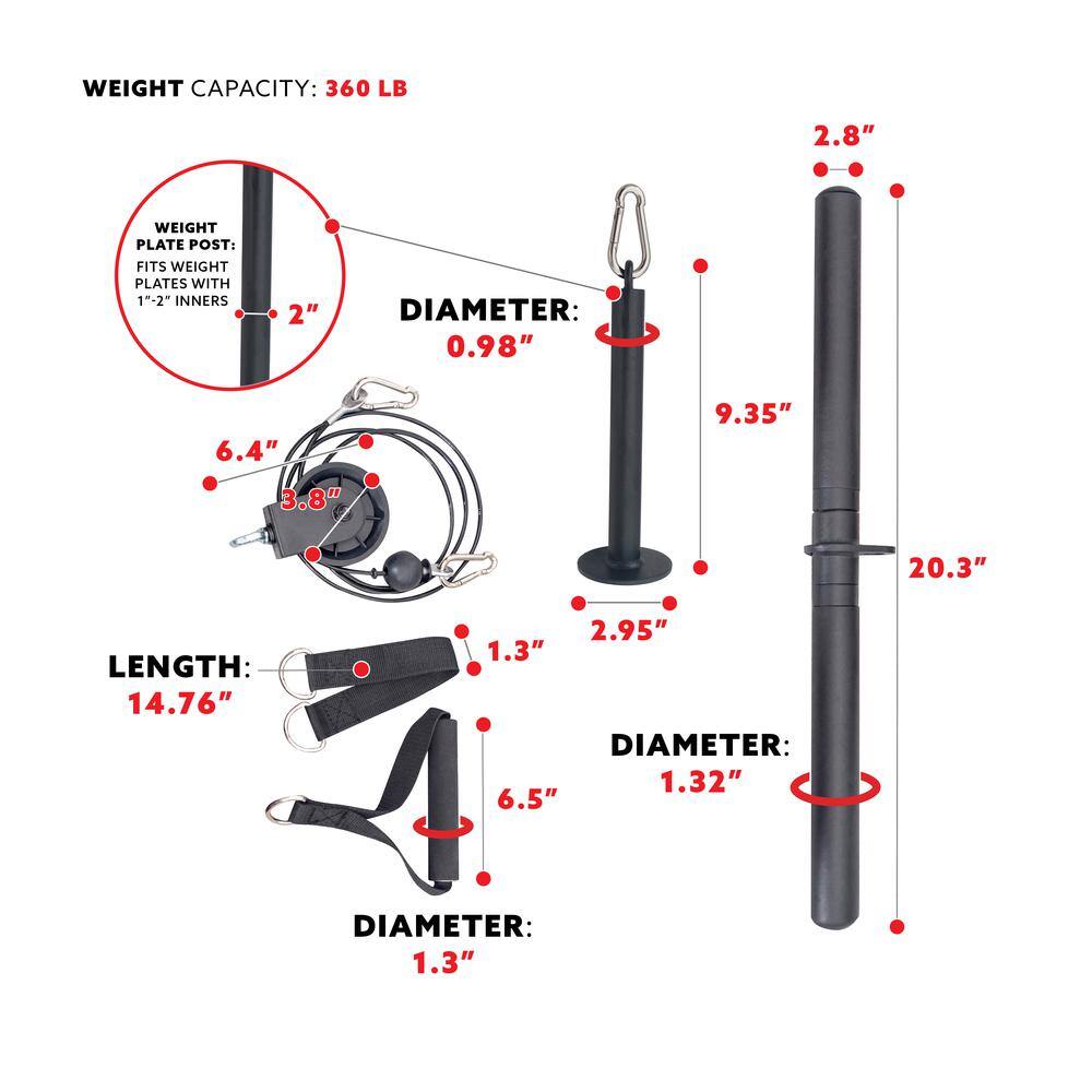 WEIGHT CAPACITY: 360 LB

WEIGHT PLATE POST: FITS WEIGHT PLATES WITH 1" - 2" INNERS

DIAMETER: 0.98" (2")

LENGTH: 14.76" (2.95")

DIAMETER: 1.32" (1.3")

DIAMETER: 1.3" (6.5")