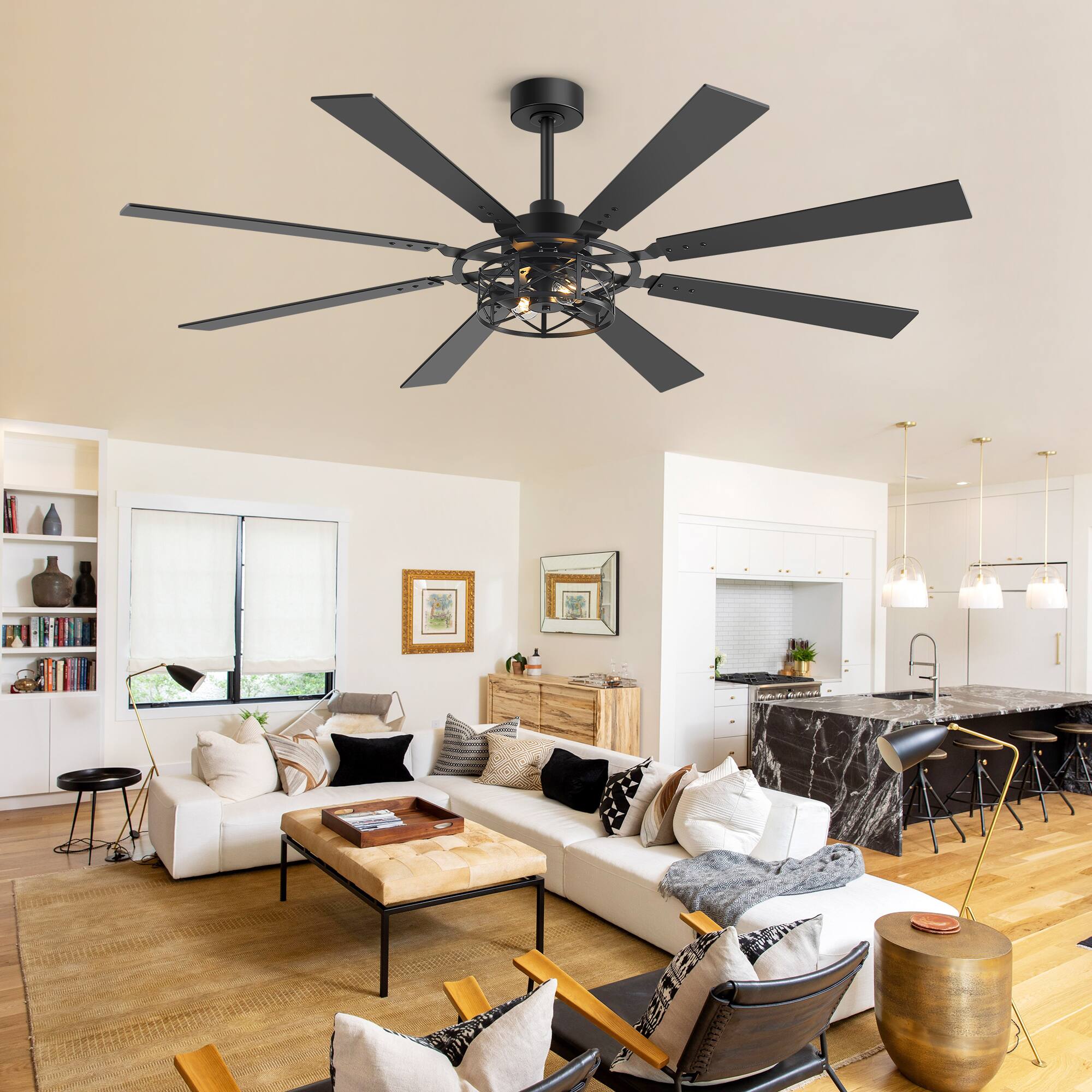 Alt View 6. Breezary - 65-Inch Traditional Ceiling Fan with Dual Bulb Light Kit, 8 Reversible Blades, DC Motor, 6 Speeds, Remote & Timer - Black and Walnut.