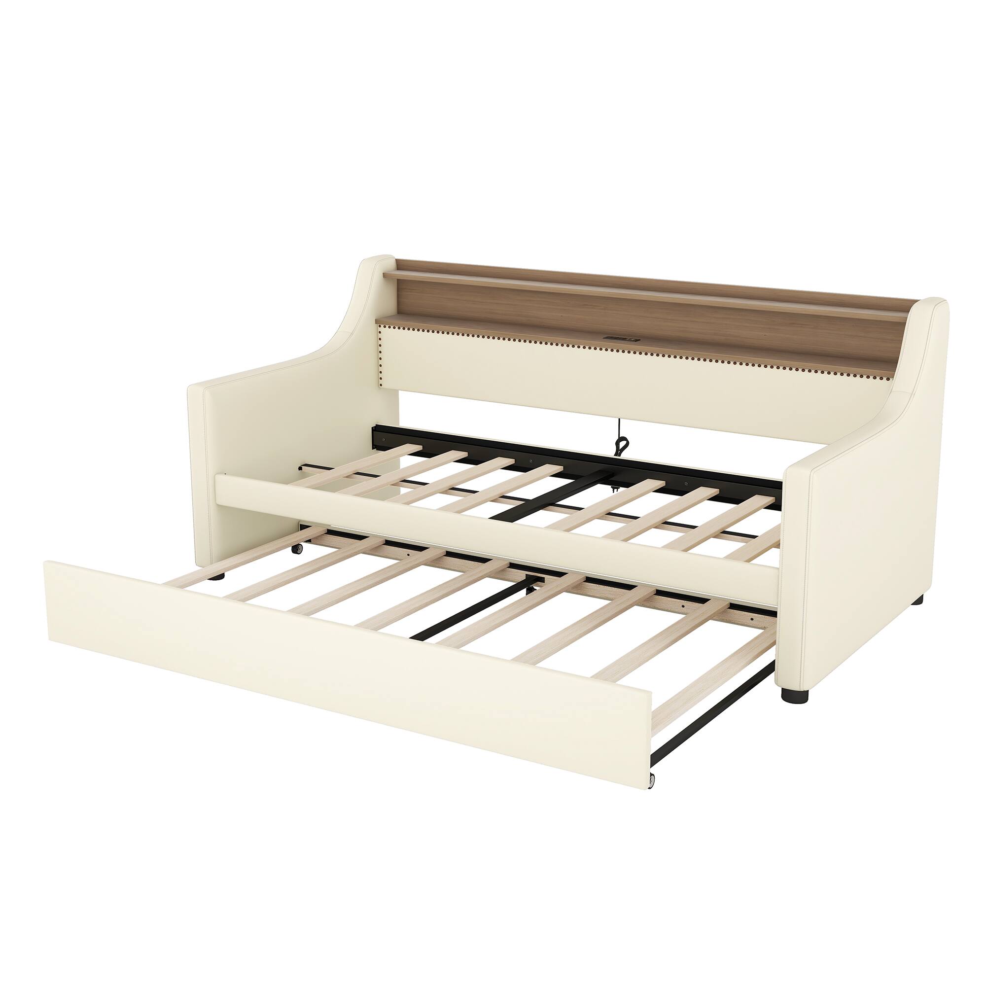 Back. PexFix - Twin Daybed with Trundle, LED Lights & Charging Station, Upholstered Bed for Guest Room - White.