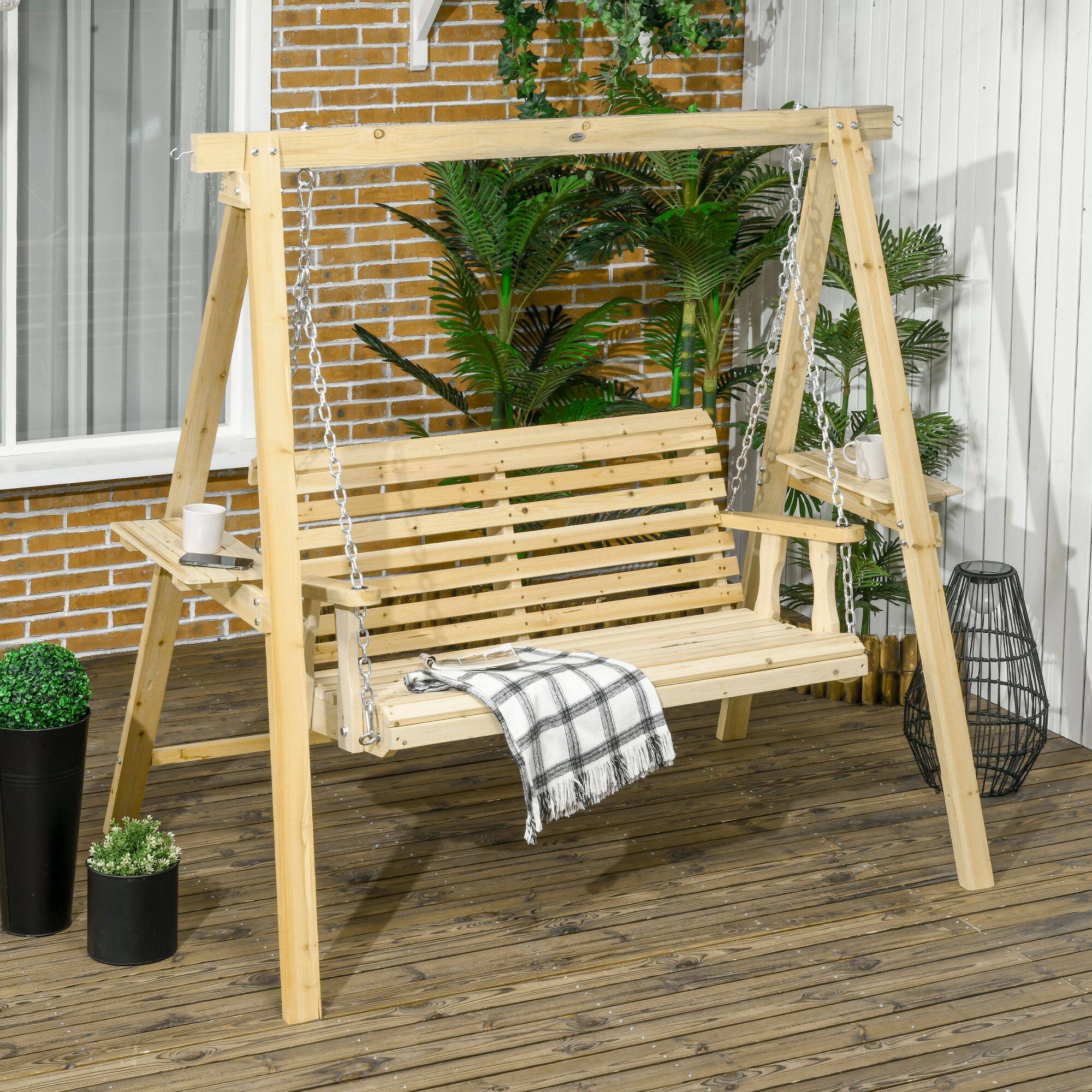 Angle. Outsunny - Outsunny 2-Seat orch Swing with Stand Wooden Patio Swing Chair with Side Tables and Metal Chains - Natural wood finish.