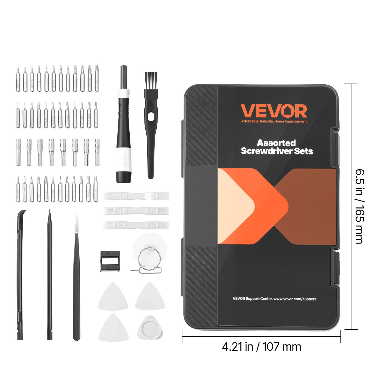 VEVOR Affordable, Reliable, Home Improvement  
Assorted Screwdriver Sets  
6.5 in / 165 mm  
4.21 in / 107 mm  
VEVOR Support Center, www.vevor.com/support