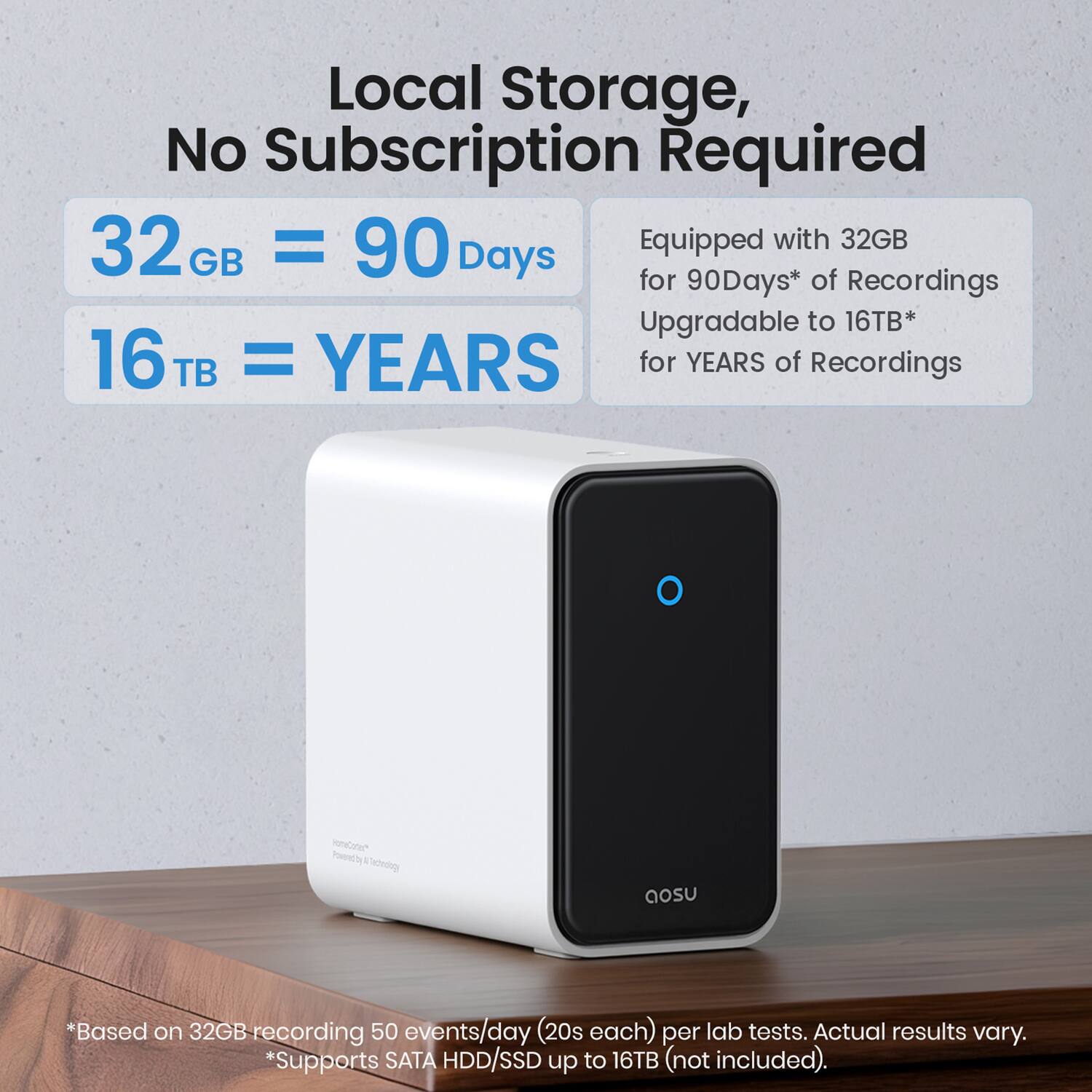 Local Storage, No Subscription Required

32 GB = 90 Days

16 TB = YEARS

Equipped with 32GB for 90Days* of Recordings Upgradable to 16TB* for YEARS of Recordings

*Based on 32GB recording 50 events/day (20s each) per lab tests. Actual results vary.

*Supports SATA HDD/SSD up to 16TB (not included).