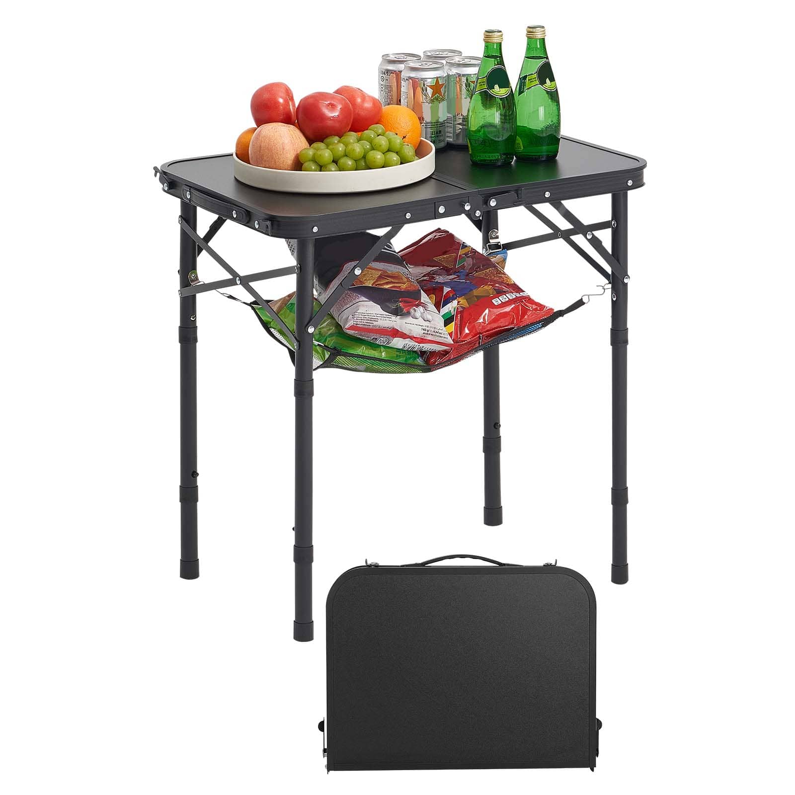 VEVOR - Folding Camping Table, Height Portable Side Tables, Aluminum MDF Beach Table with Mesh Layer, Carrying Handle,24x16in - Black