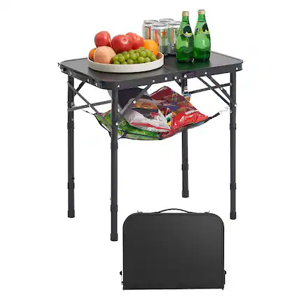 Front. VEVOR - Folding Camping Table, Height Portable Side Tables, Aluminum MDF Beach Table with Mesh Layer, Carrying Handle,24x16in - Black.