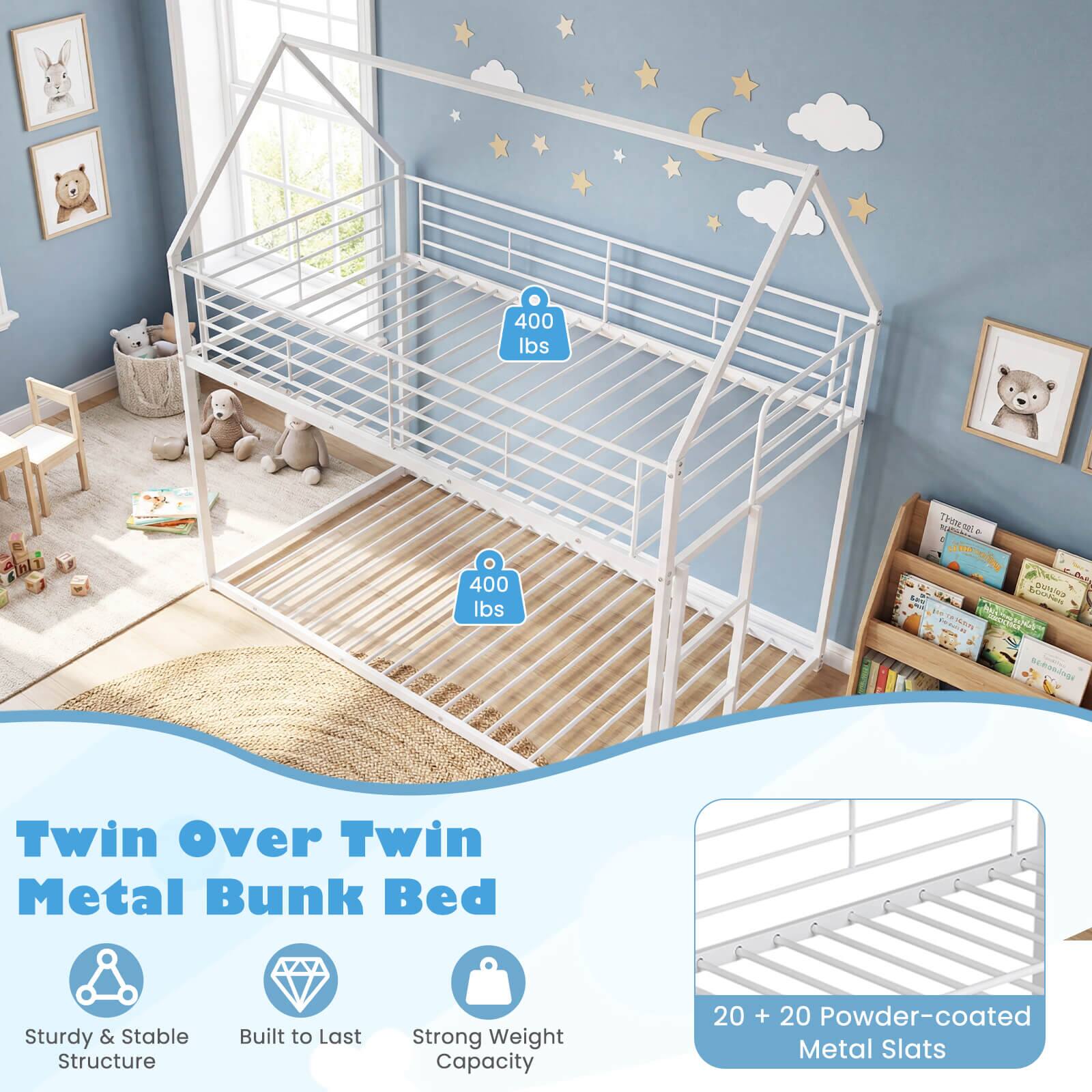 25 400 lbs 400 lbs THOS. CouTod binnhae -. SERRANS Twin Over Twin Metal Bunk Bed Sturdy & Stable Structure Built to Last Strong Weight Capacity 20 + 20 Powder-coated Metal Slats