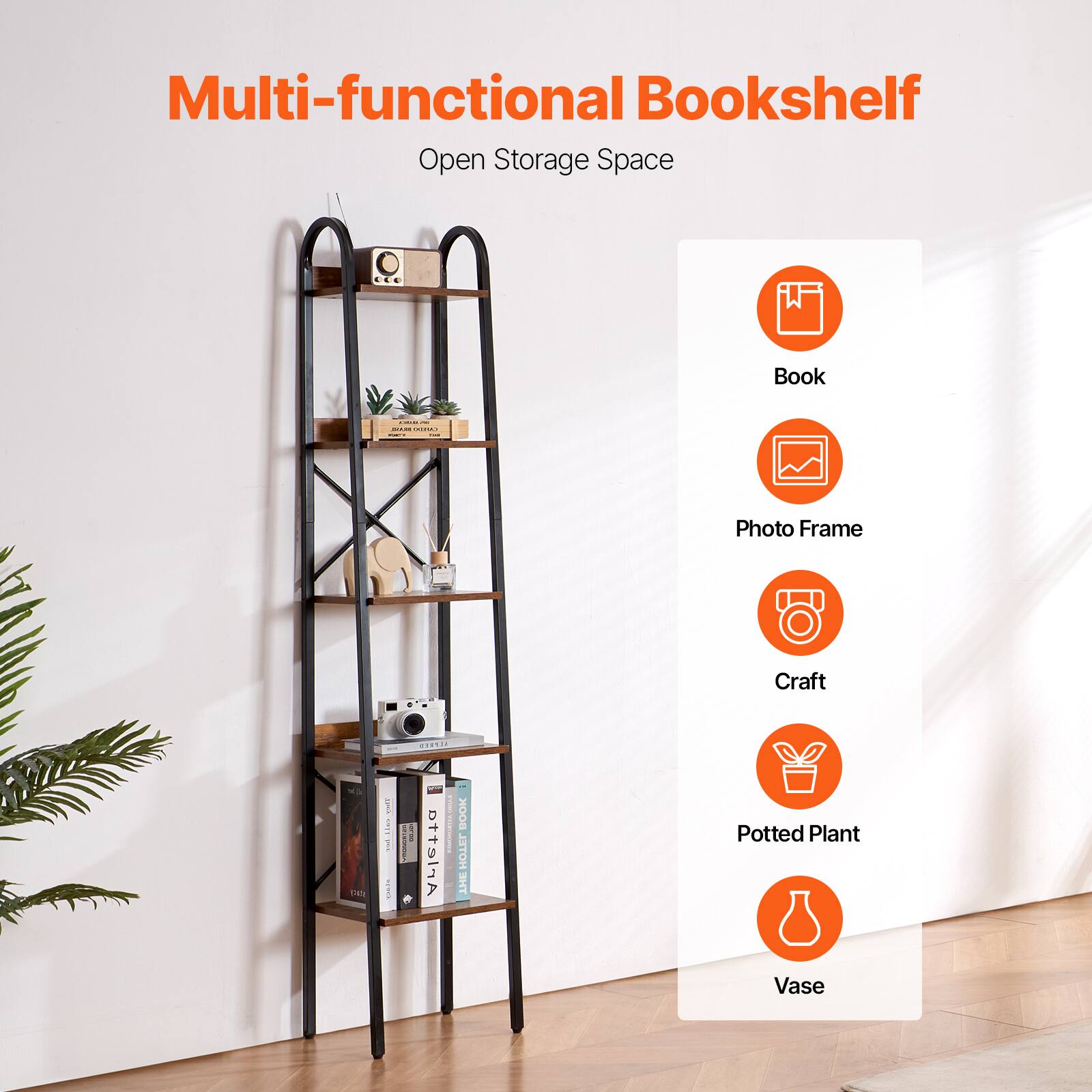 Multi-functional Bookshelf  
Open Storage Space  

- Book  
- Photo Frame  
- Craft  
- Potted Plant  
- Vase