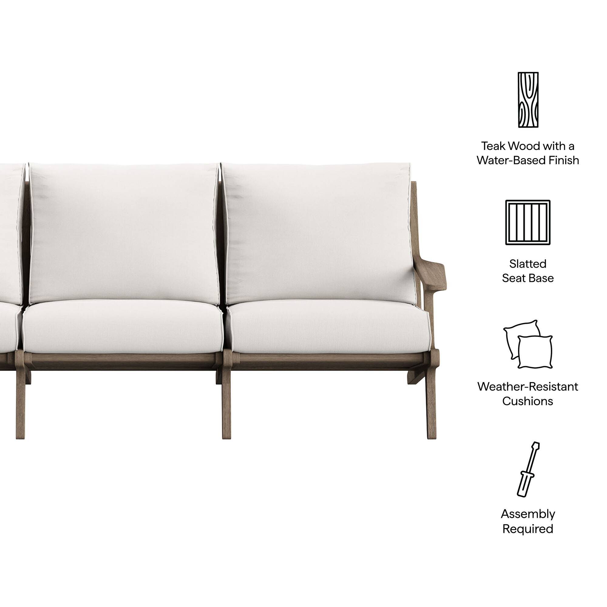 - Teak Wood with a Water-Based Finish
- Slatted Seat Base
- Weather-Resistant Cushions
- Assembly Required
