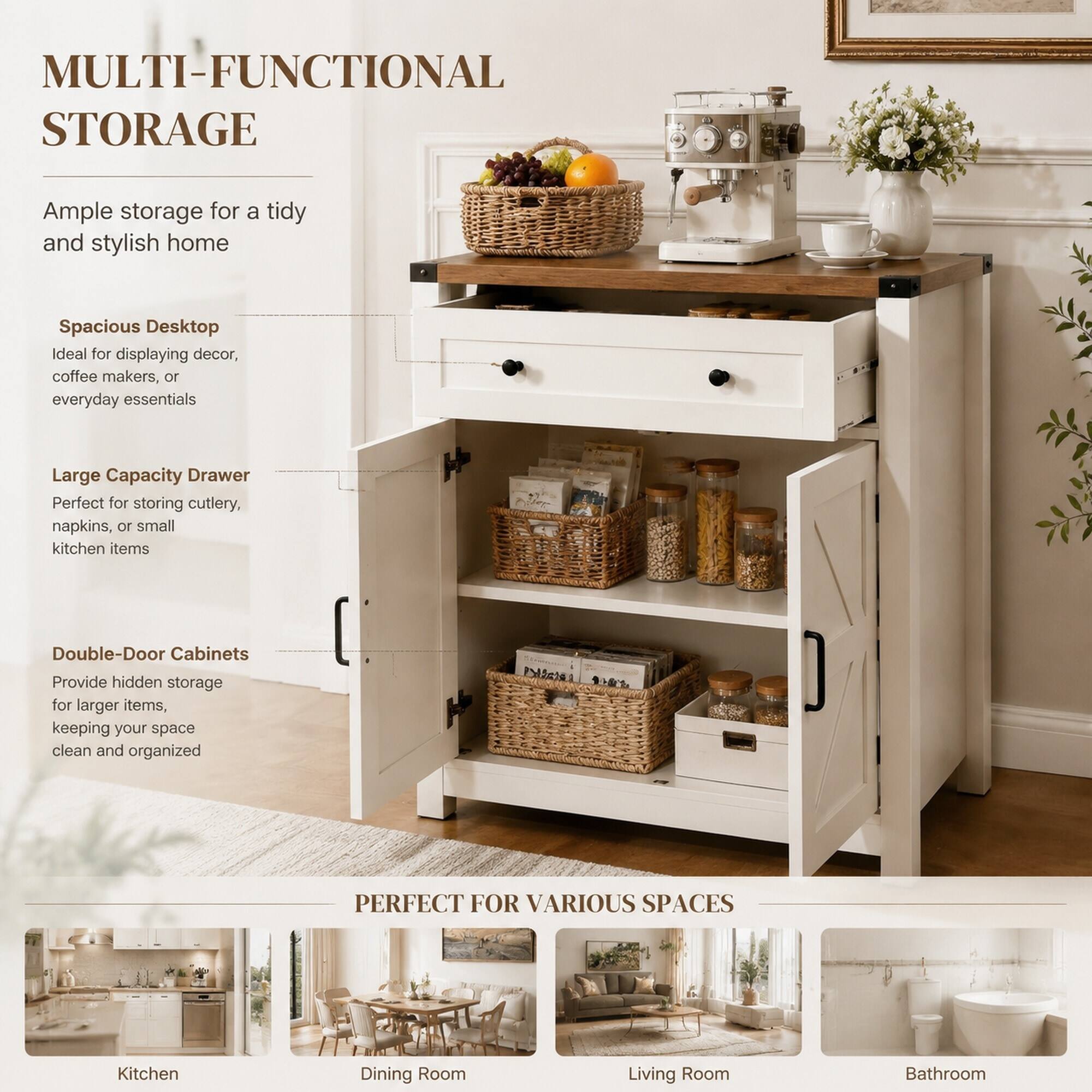 RYHNUYNE Freestanding Farmhouse Barn Door Storage Cabinet with Drawer ...