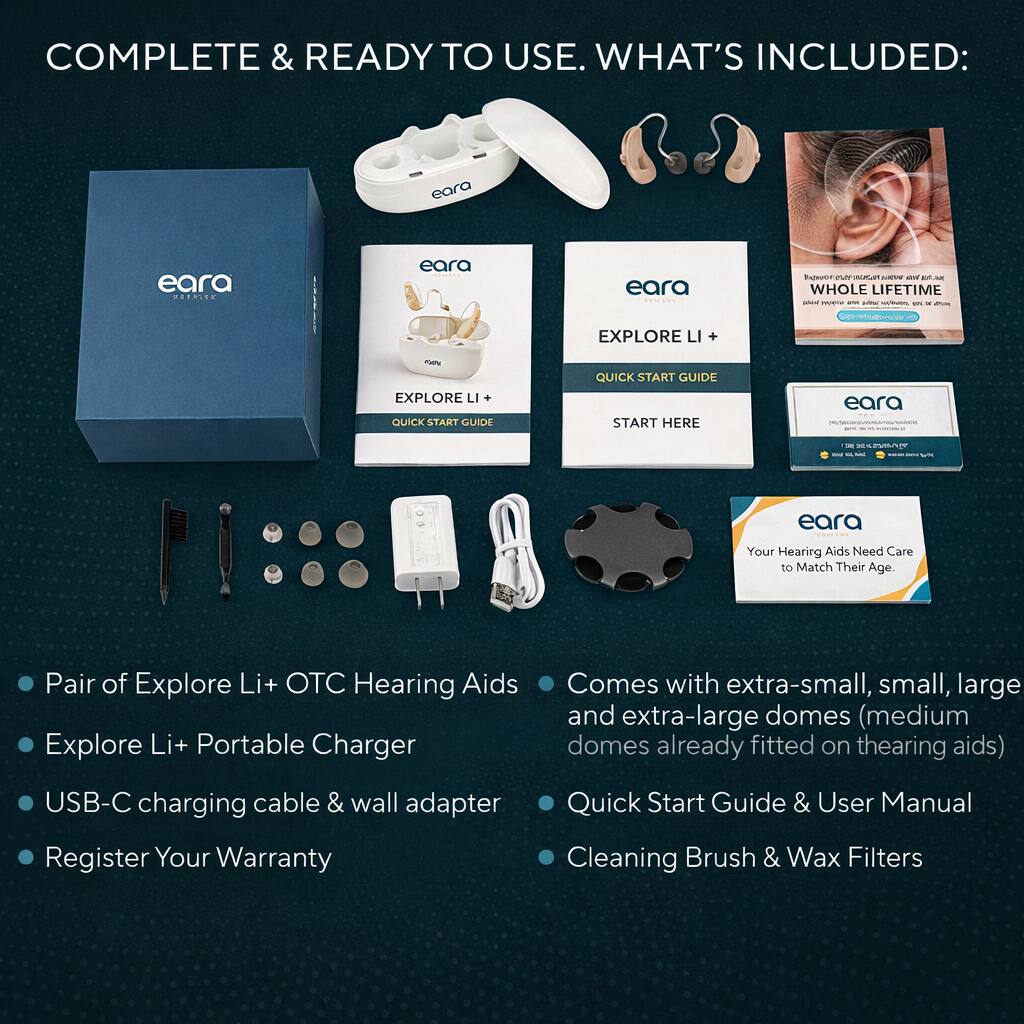 COMPLETE & READY TO USE. WHAT'S INCLUDED:

- Pair of Explore Li+ OTC Hearing Aids
- Explore Li+ Portable Charger
- USB-C charging cable & wall adapter
- Register Your Warranty
- Quick Start Guide & User Manual
- Cleaning Brush & Wax Filters
- Comes with extra-small, small, large and extra-large domes (medium domes already fitted on hearing aids)