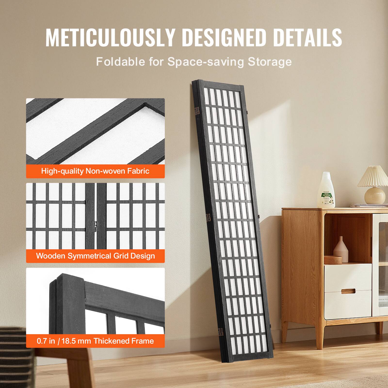 METICULOUSLY DESIGNED DETAILS  
Foldable for Space-saving Storage  

- High-quality Non-woven Fabric  
- Wooden Symmetrical Grid Design  
- 0.7 in / 18.5 mm Thickened Frame