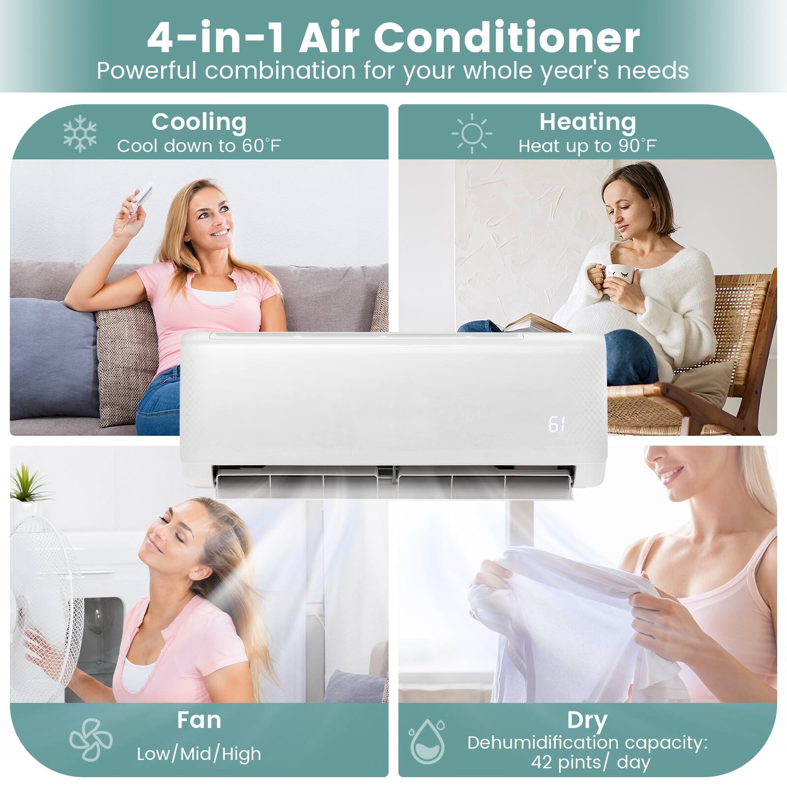 4-in-1 Air Conditioner
Powerful combination for your whole year's needs
Cooling
Cool down to 60°F
Heating
Heat up to 90°F
Fan
Low/Mid/High
Dry
Dehumidification capacity: 42 pints/ day