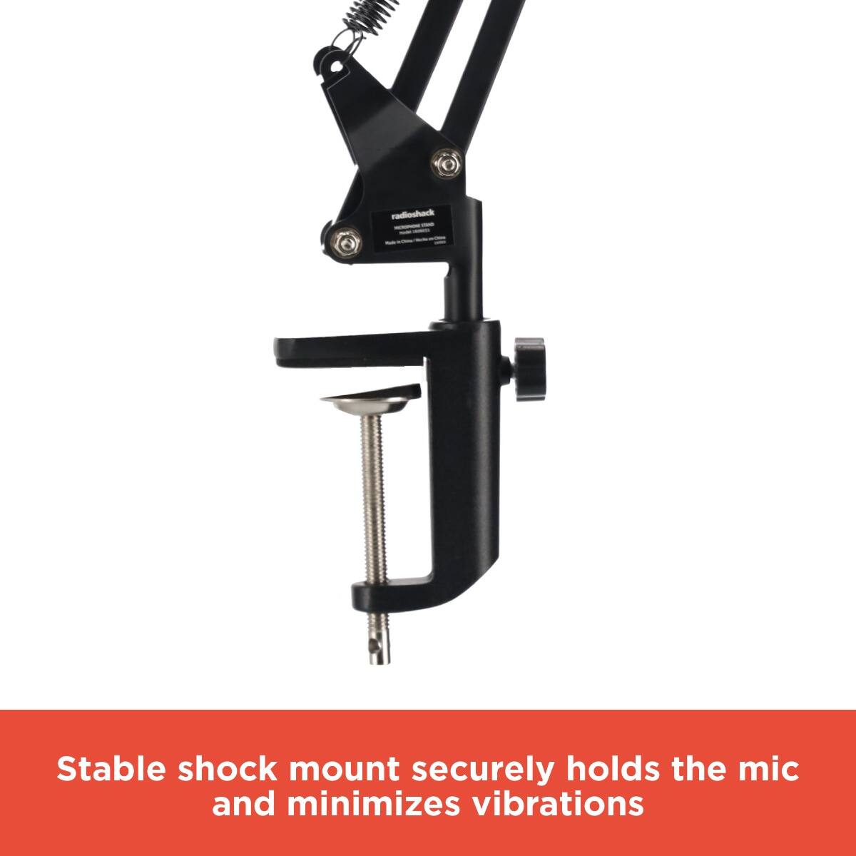 Stable shock mount securely holds the mic and minimizes vibrations