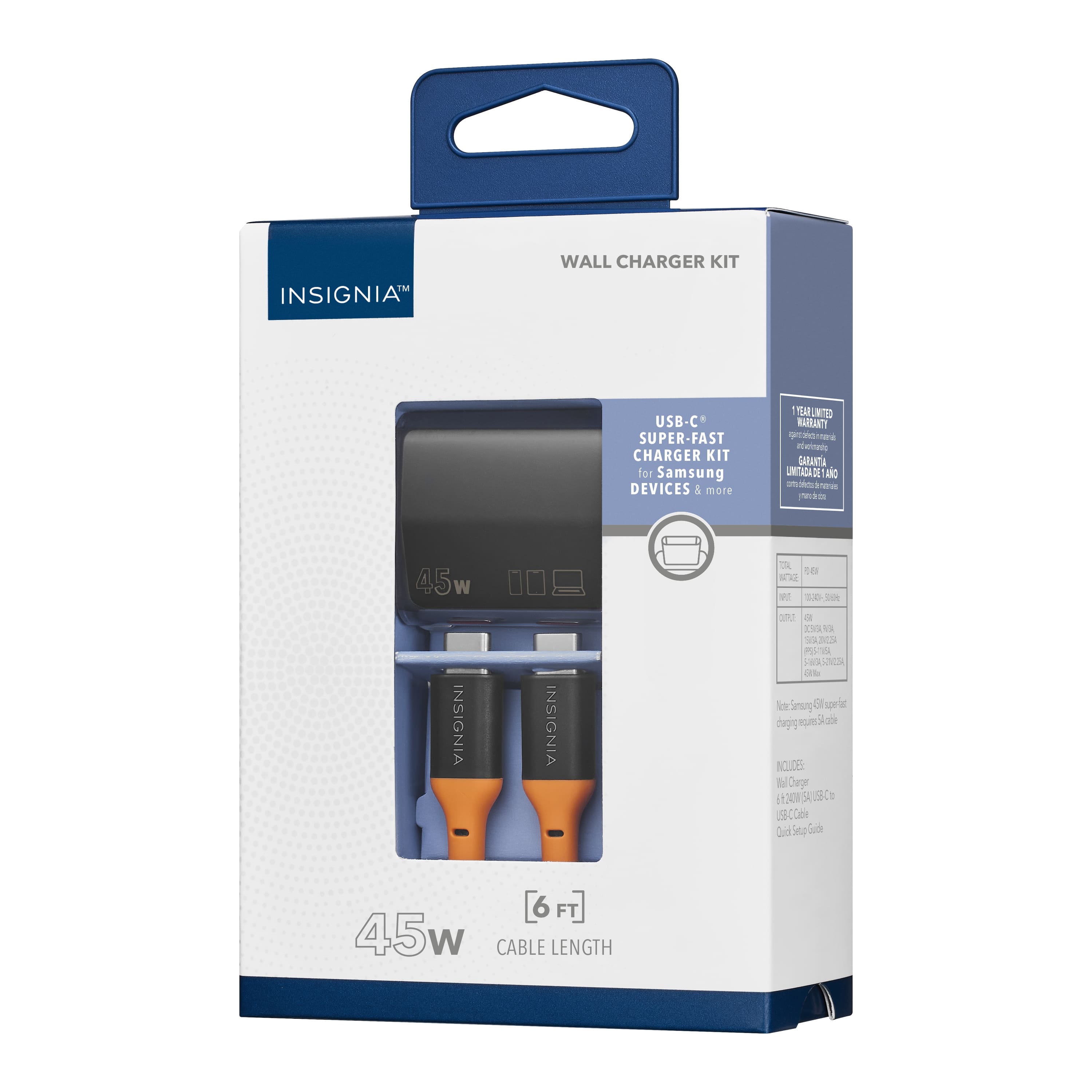 INSIGNIA WALL CHARGER KIT USB-C SUPER-FAST CHARGER KIT for Samsung DEVICES 5 more TRUMT RARRANTY grarrea - ne GARANTA RTADADLTAN DE AO snakbde n m 45 W INSIGNIA 00. INSIGNIA dda e 20 17 d cia ka Sa P I UCa - l Srug a i dagy d NCDE t Dugr it 00 SA SK b S Cale Sid Sep Gude 6 FT 45w CABLE LENGTH