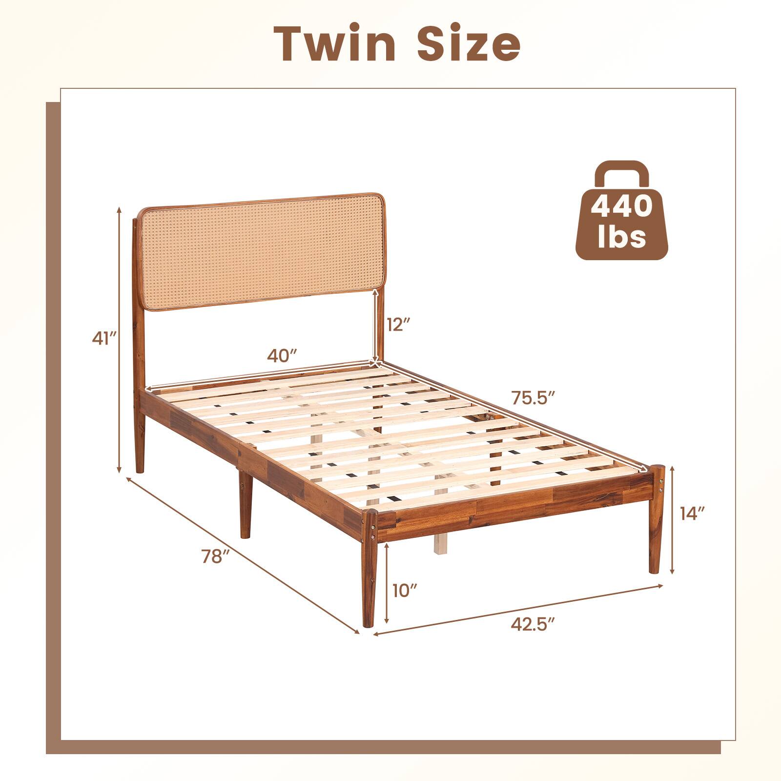 Twin Size  
440 lbs  
41"  
40"  
12"  
75.5"  
14"  
78"  
10"  
42.5"