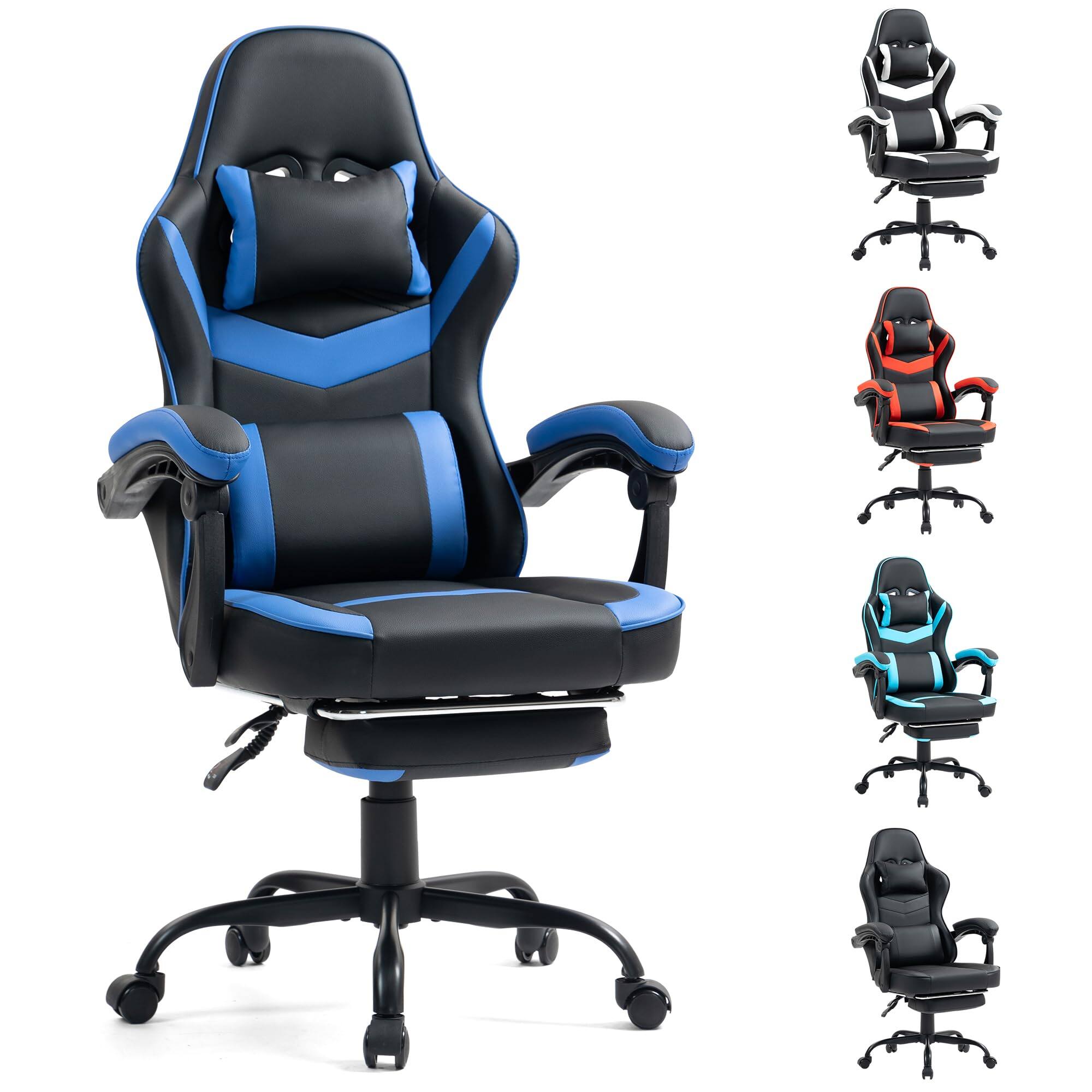 Hirose Alice - Gaming Chair with Footrest for Adults - Ergonomic Gaming Chairs with Foot Rest - Big and Tall Computer Game - Black / Blue