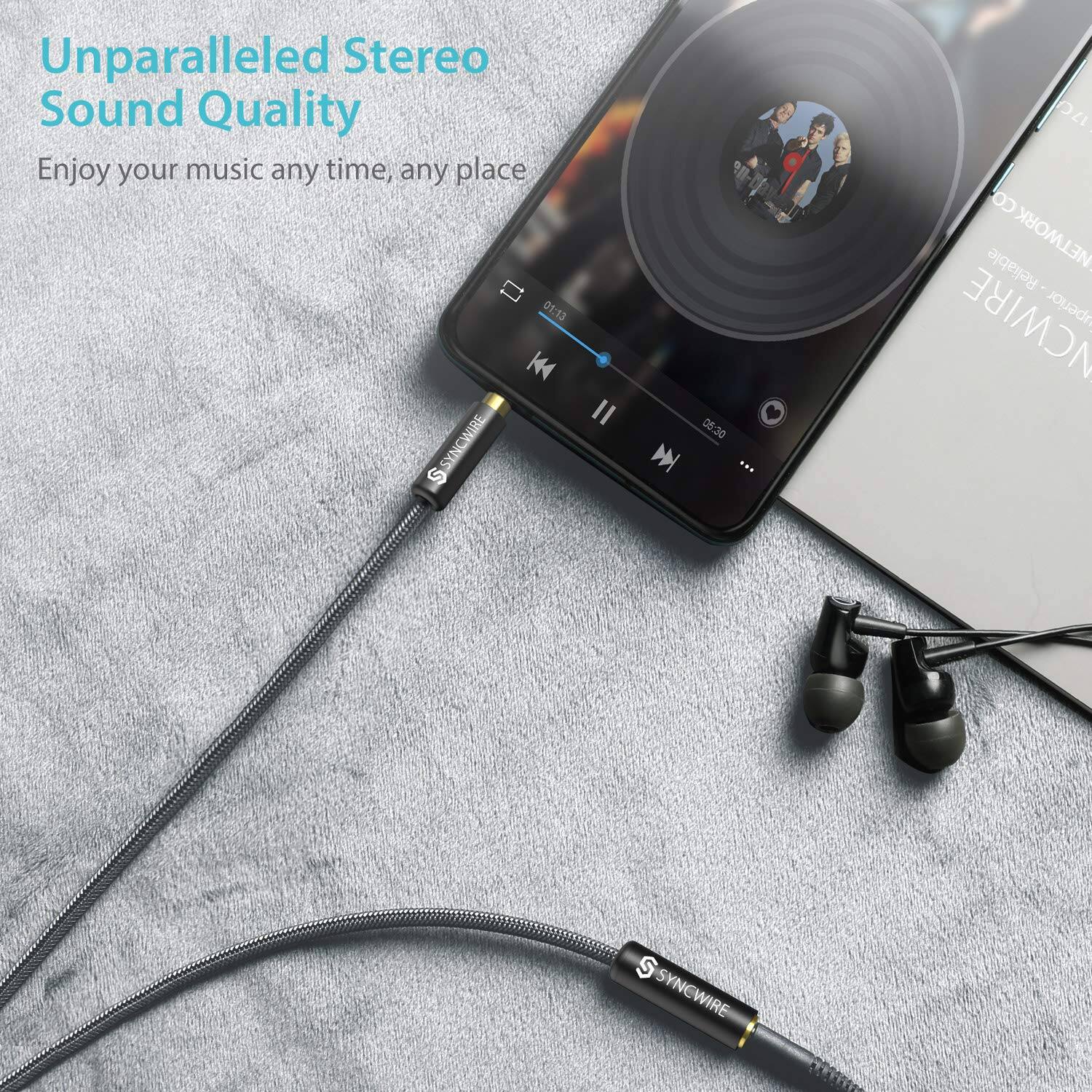 Unparalleled Stereo Sound Quality  
Enjoy your music any time, any place  

01:13  
$ SYNCWIRE  
05:30  
KA  
17CA 17 CO  
Reliable NETWORK  
NCWIRE  
perior  
S SYNCWIRE