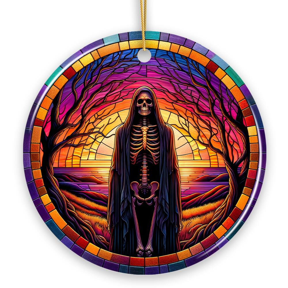 OrnamentallyYou - Bony Fright Halloween Skeleton Decor Stained Glass Style Ceramic Ornament Halloween Themed - Multi-colored