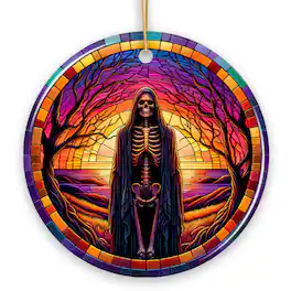 OrnamentallyYou - Bony Fright Halloween Skeleton Decor Stained Glass Style Ceramic Ornament Halloween Themed - Multi-colored