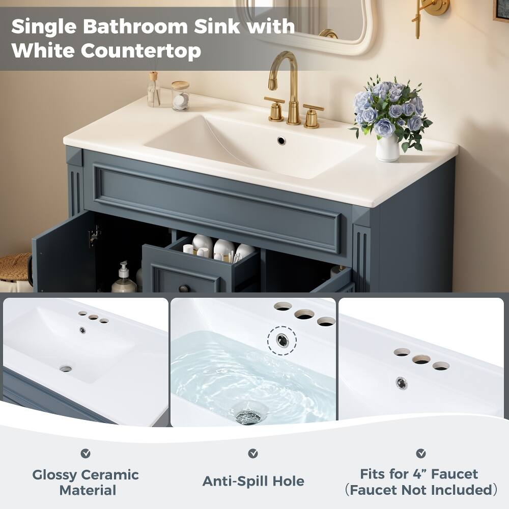 Single Bathroom Sink with White Countertop

- Glossy Ceramic Material
- Anti-Spill Hole
- Fits for 4" Faucet (Faucet Not Included)