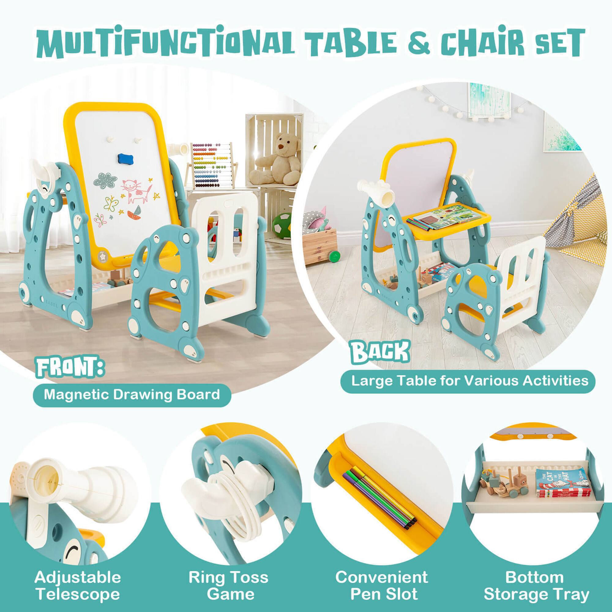 **MULTIFUNCTIONAL TABLE & CHAIR SET**

**FRONT:**
- Magnetic Drawing Board
- Adjustable Telescope
- Ring Toss Game

**BACK:**
- Large Table for Various Activities
- Convenient Pen Slot
- Bottom Storage Tray