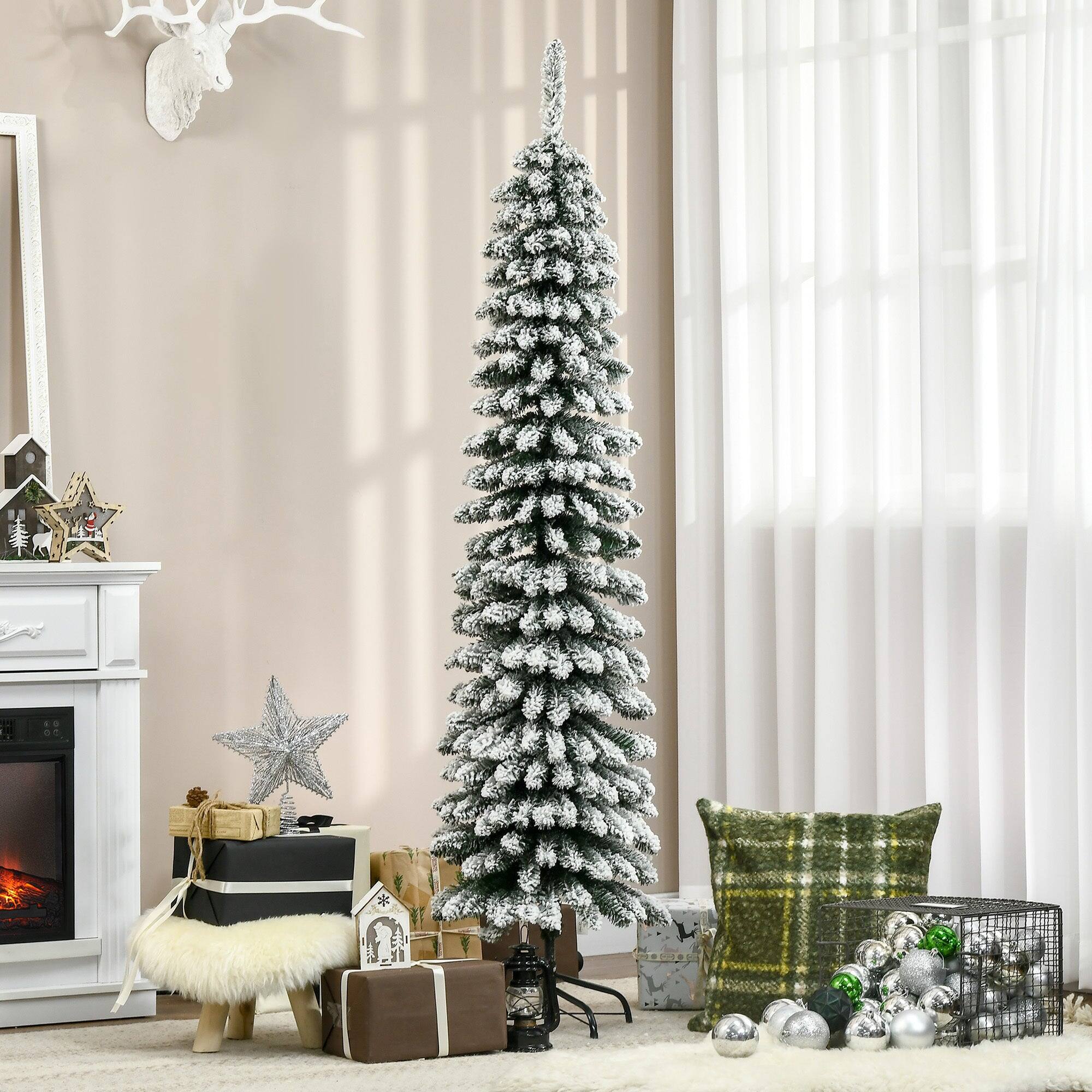 Angle. BreeBe - 6 ft Tall Unlit Snow Flocked Artificial Christmas Tree - Green.