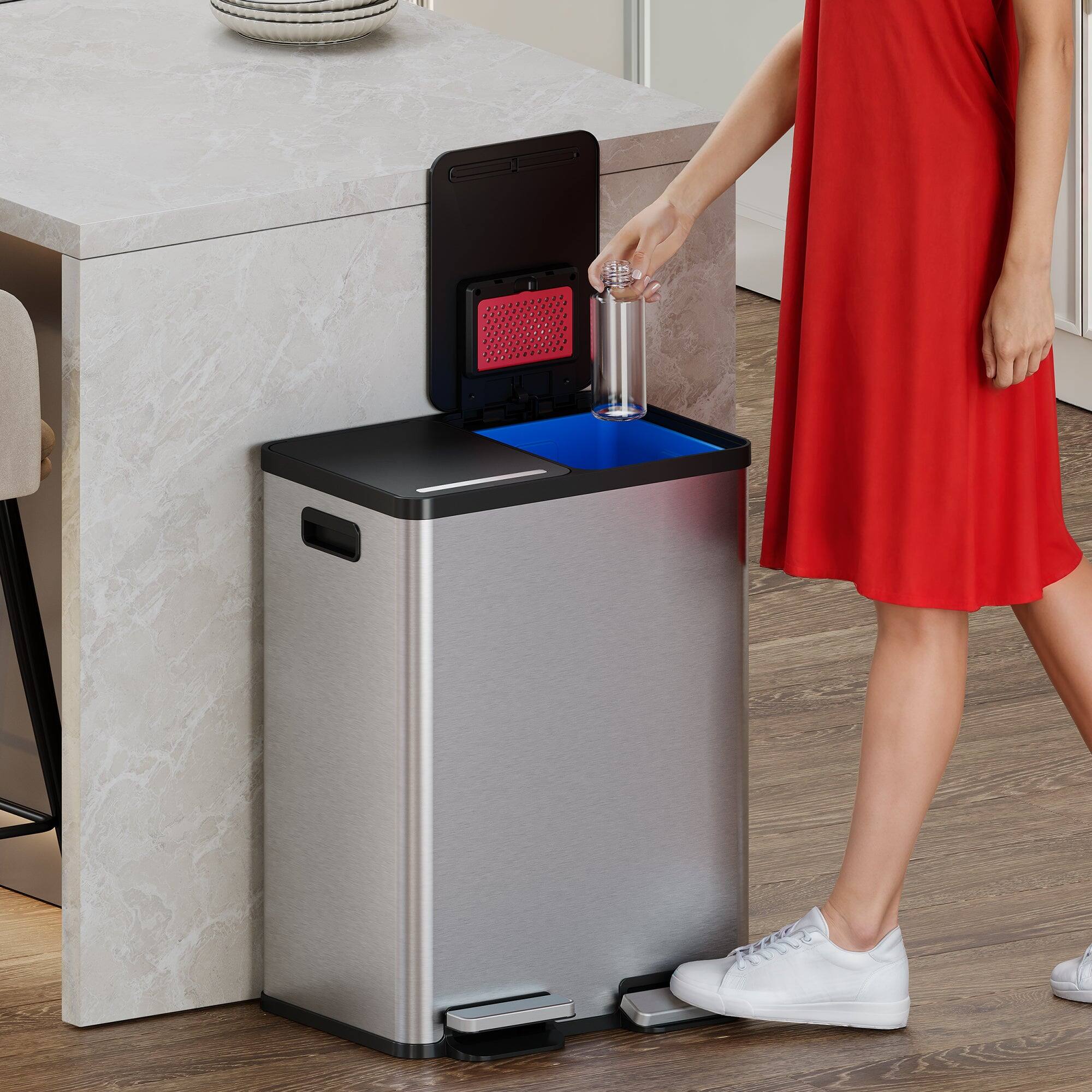 Alt View 1. iTouchless - 16 Gallon SoftStep Dual Compartment Stainless Steel Step Kitchen Trash & Recycle Bin with Dual AbsorbX Odor Filters - Silver.