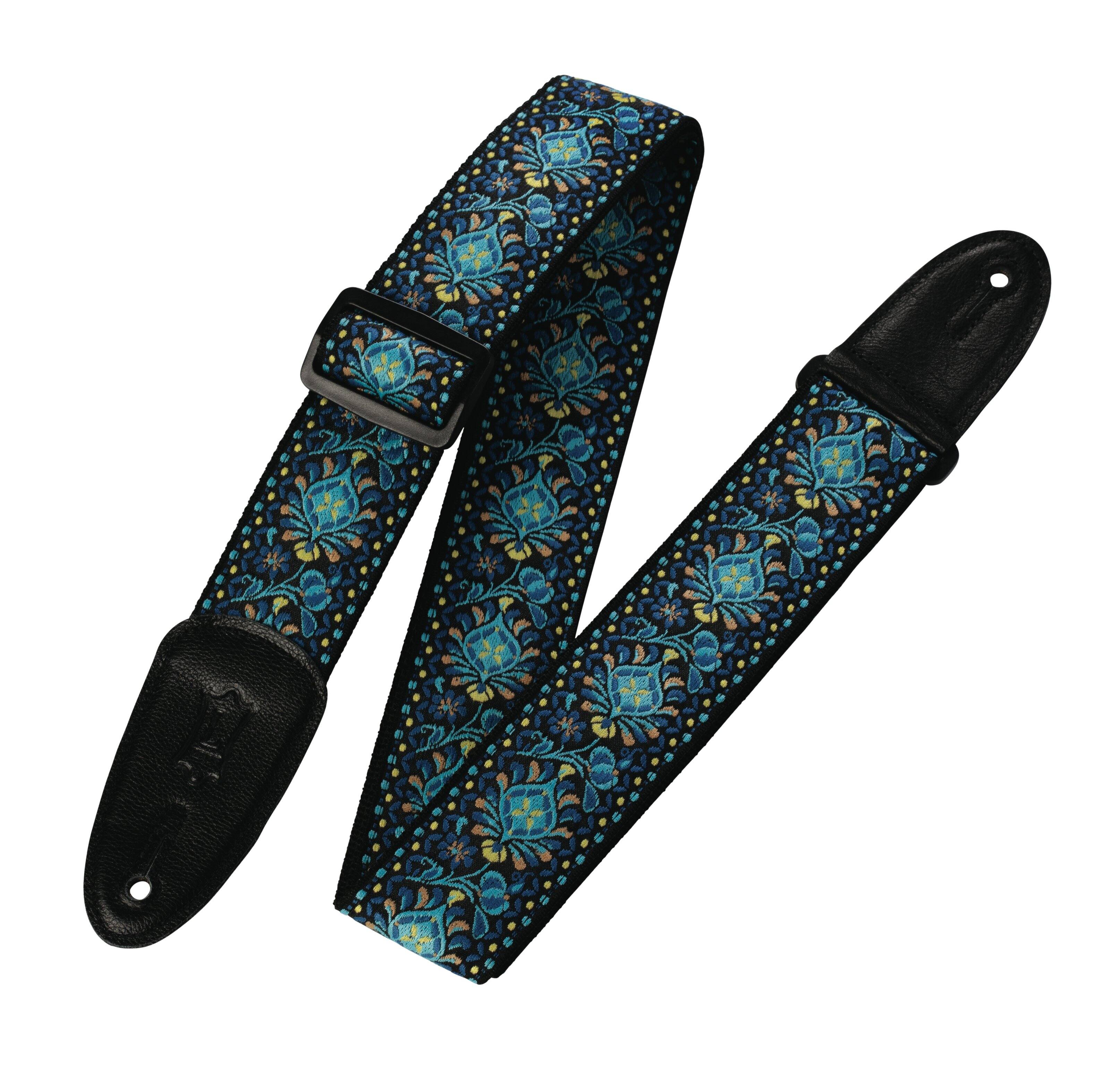 Front. Levy's Leathers - 60s Hootenanny Jacquard Weave Guitar Strap, Print Series - 2 inch. Wide - Blue, Black & Yellow.