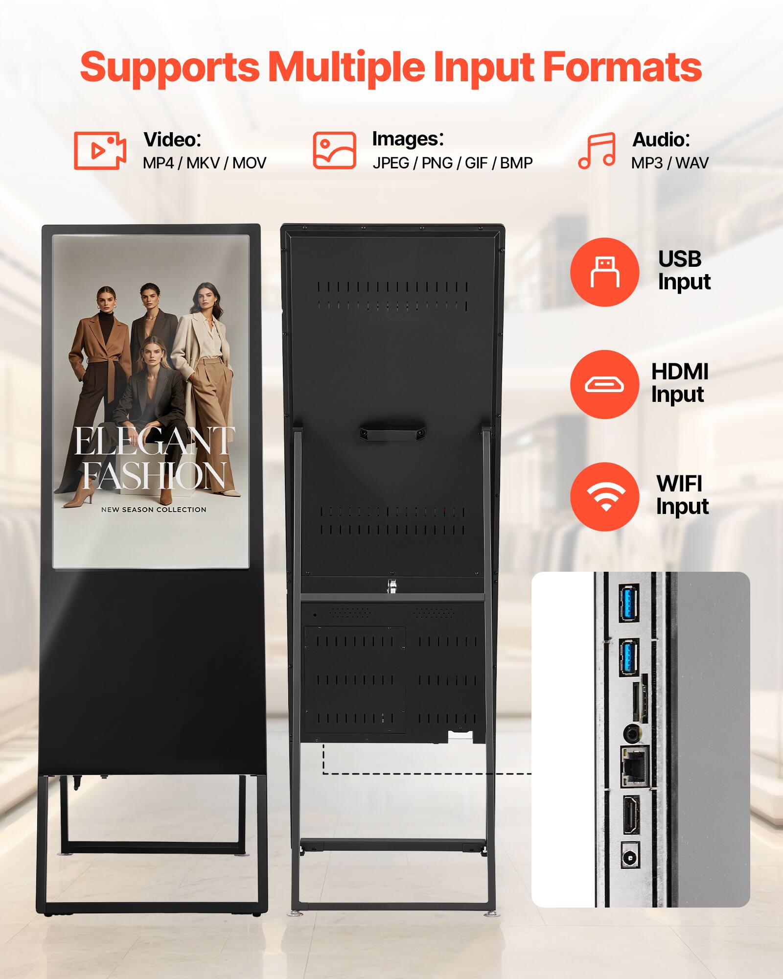 Supports Multiple Input Formats

Video: MP4 / MKV / MOV

Images: JPEG / PNG / GIF / BMP

Audio: MP3 / WAV

USB Input

HDMI Input

WIFI Input

ELEGANT FASHION NEW SEASON COLLECTION