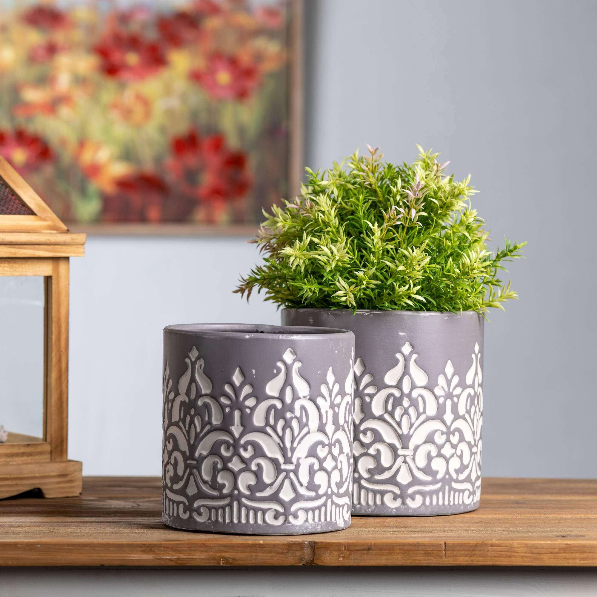 Angle. BreeBe - Ornate Metal Planter (Set of 2) - Grey, White.