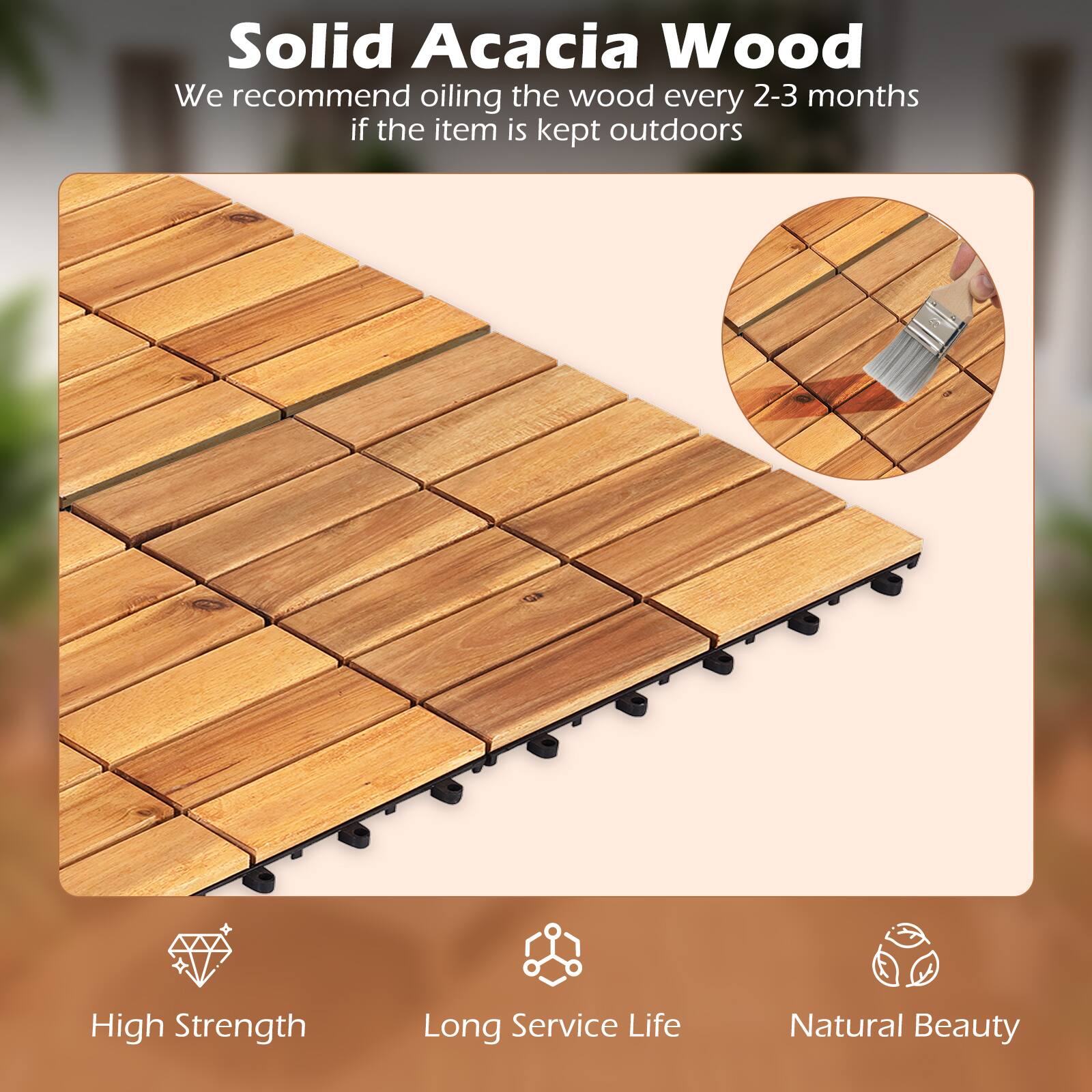 Solid Acacia Wood

We recommend oiling the wood every 2-3 months if the item is kept outdoors

High Strength
Long Service Life
Natural Beauty