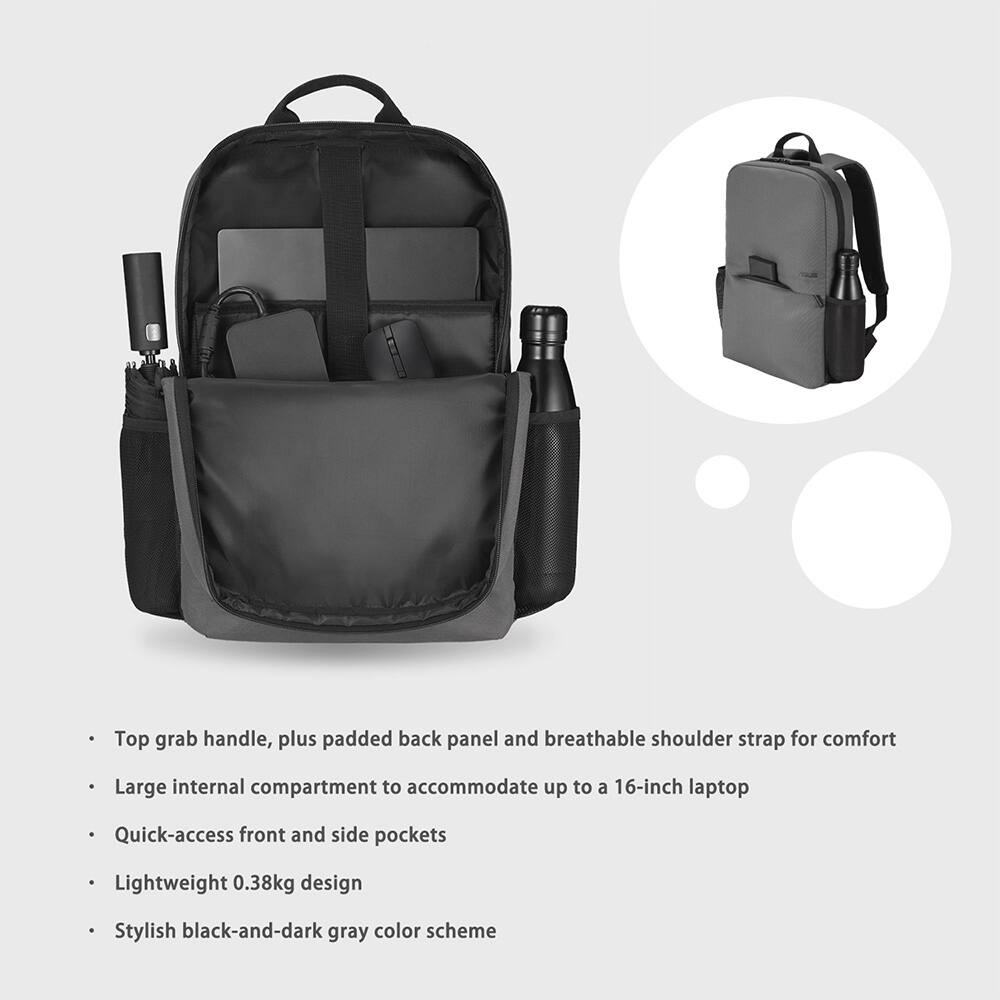 - Top grab handle, plus padded back panel and breathable shoulder strap for comfort
- Large internal compartment to accommodate up to a 16-inch laptop
- Quick-access front and side pockets
- Lightweight 0.38kg design
- Stylish black-and-dark gray color scheme