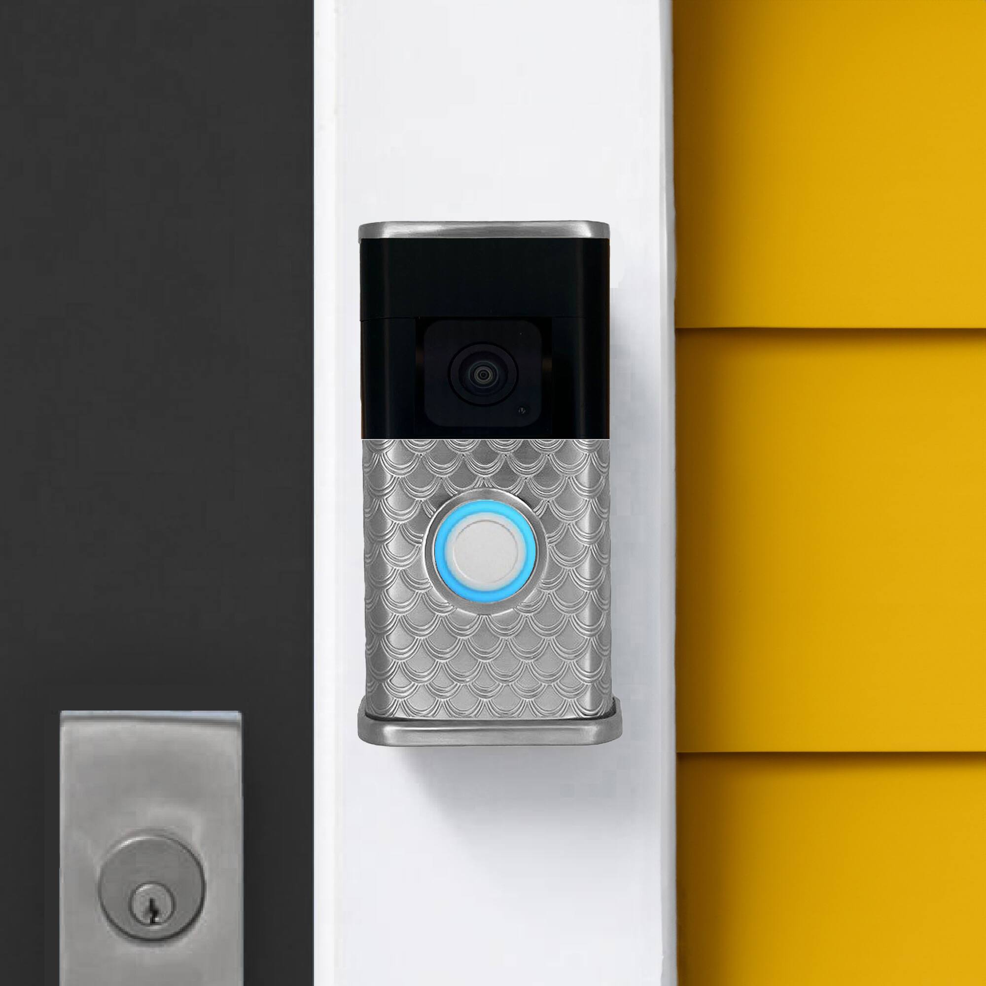 Alt View 3. Michael Healy - Scales Video Doorbell Cover (Ring 3, 3 Plus, 4, Battery Plus and Battery Pro) - Nickel Silver.