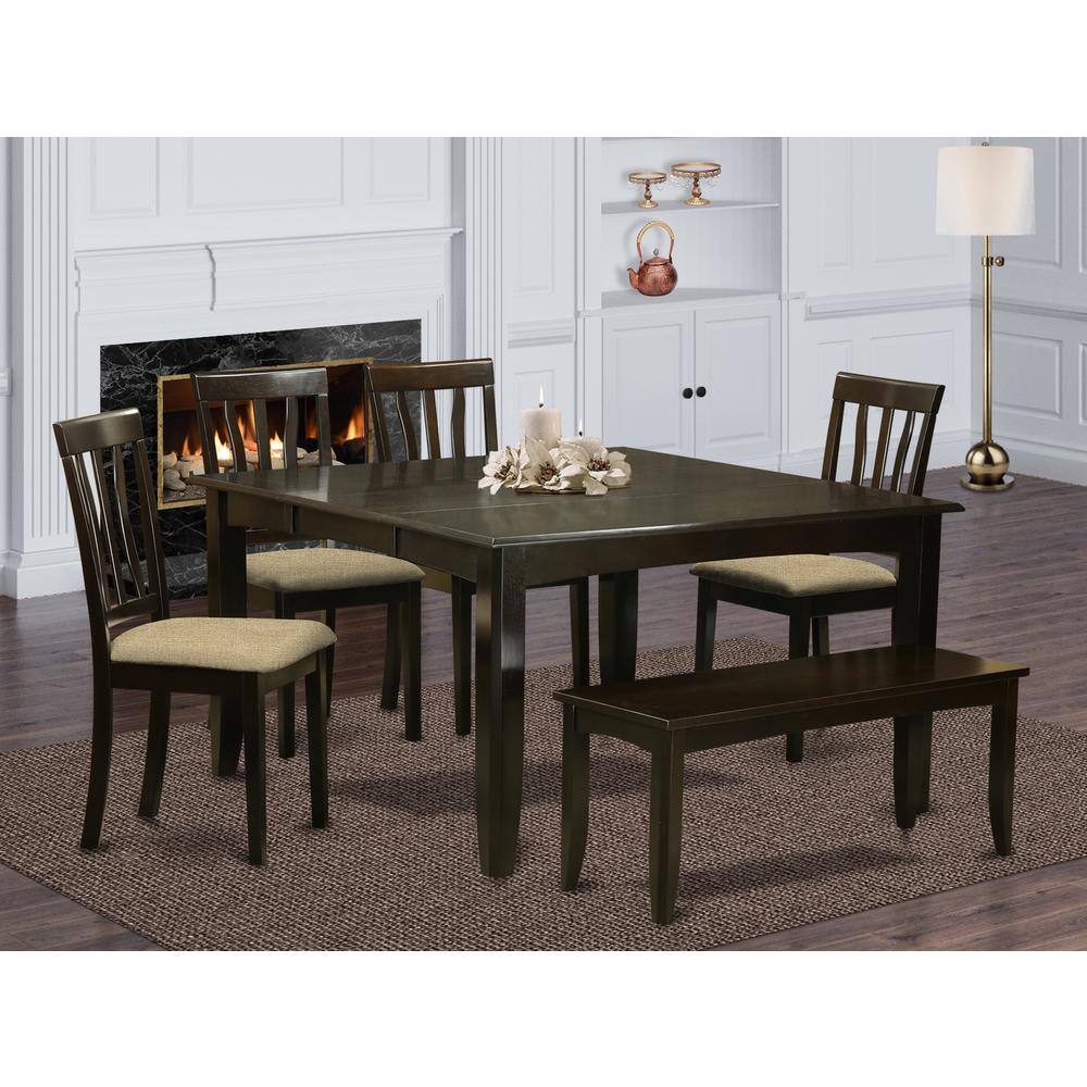 Left. East West Furniture - PFAN6-CAP-C 6 Pc Formal Dining set-Dining Table with Leaf and 4 Chairs plus a Bench. - Cappuccino.