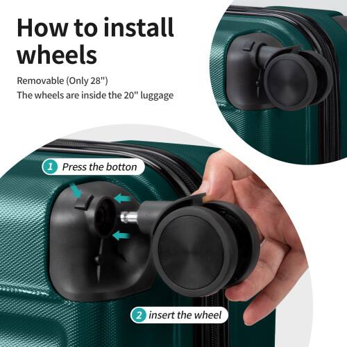 How to install wheels

Removable (Only 28")
The wheels are inside the 20" luggage

1. Press the button
2. Insert the wheel