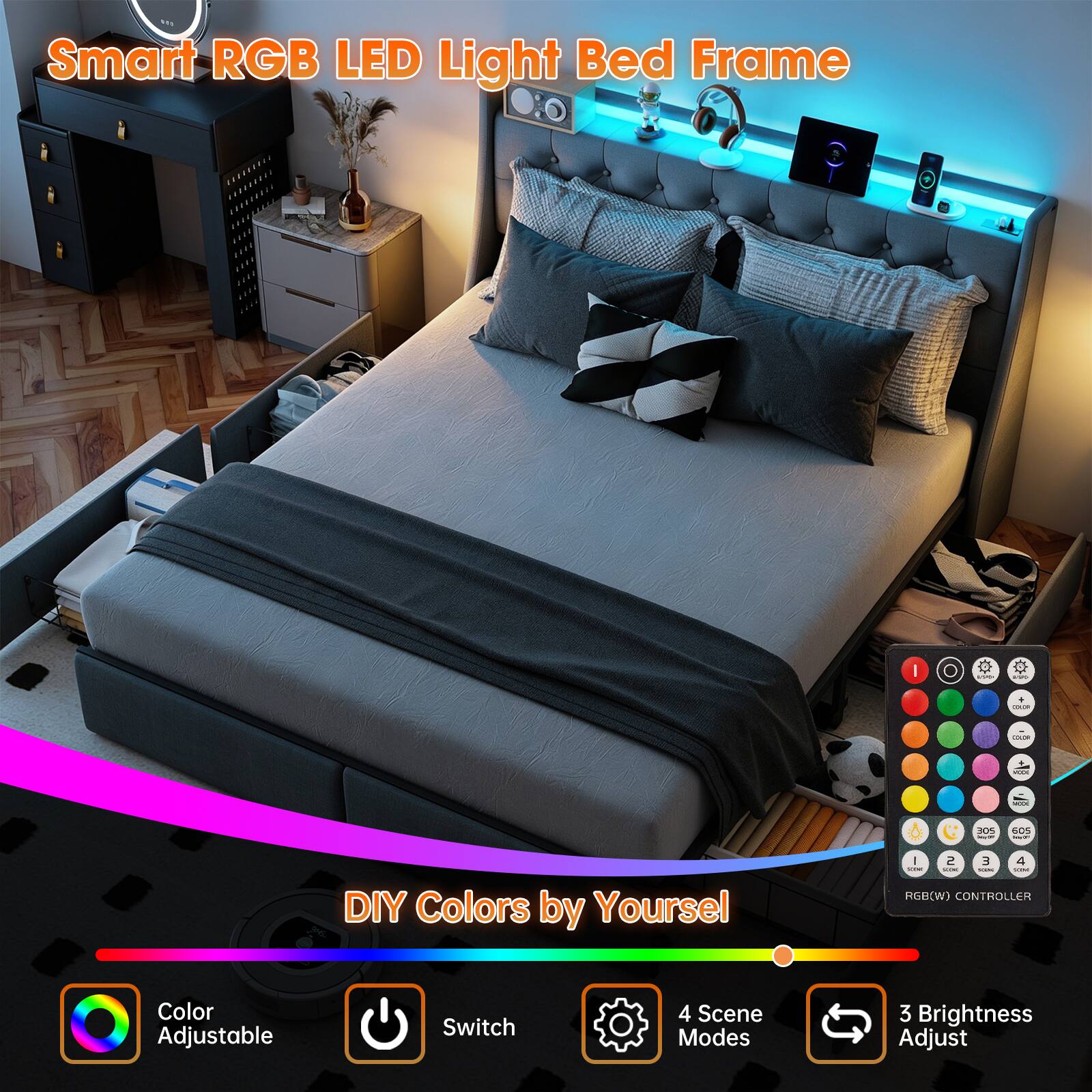 Smart RGB LED Light Bed Frame

DIY Colors by Yourself

- Color Adjustable
- Switch
- 4 Scene Modes
- 3 Brightness Adjust