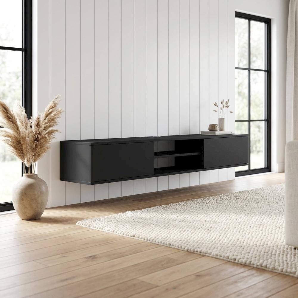 Alt View 2. FurniFact - Gray Floating TV Stand with Wall Mounting and Spacious Storage - Gray.