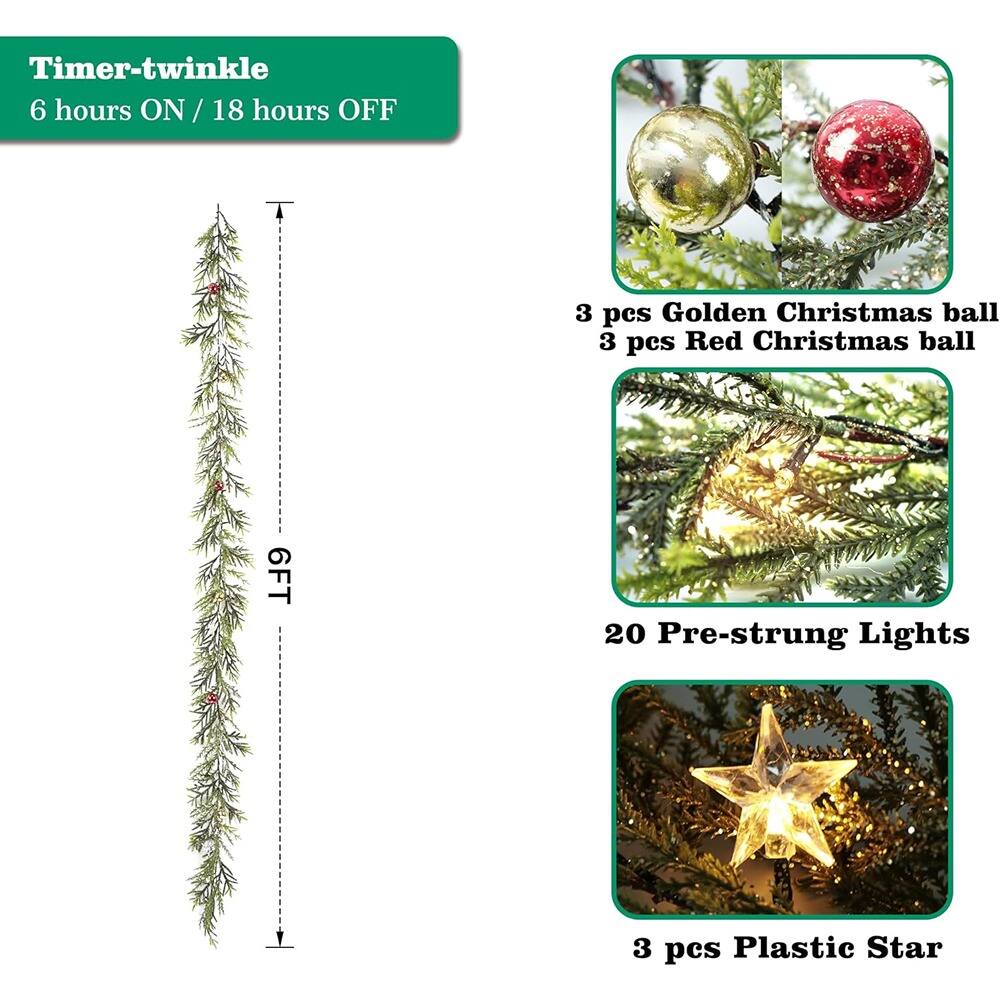 Timer-twinkle  
6 hours ON / 18 hours OFF  

3 pcs Golden Christmas ball  
3 pcs Red Christmas ball  

20 Pre-strung Lights  

3 pcs Plastic Star