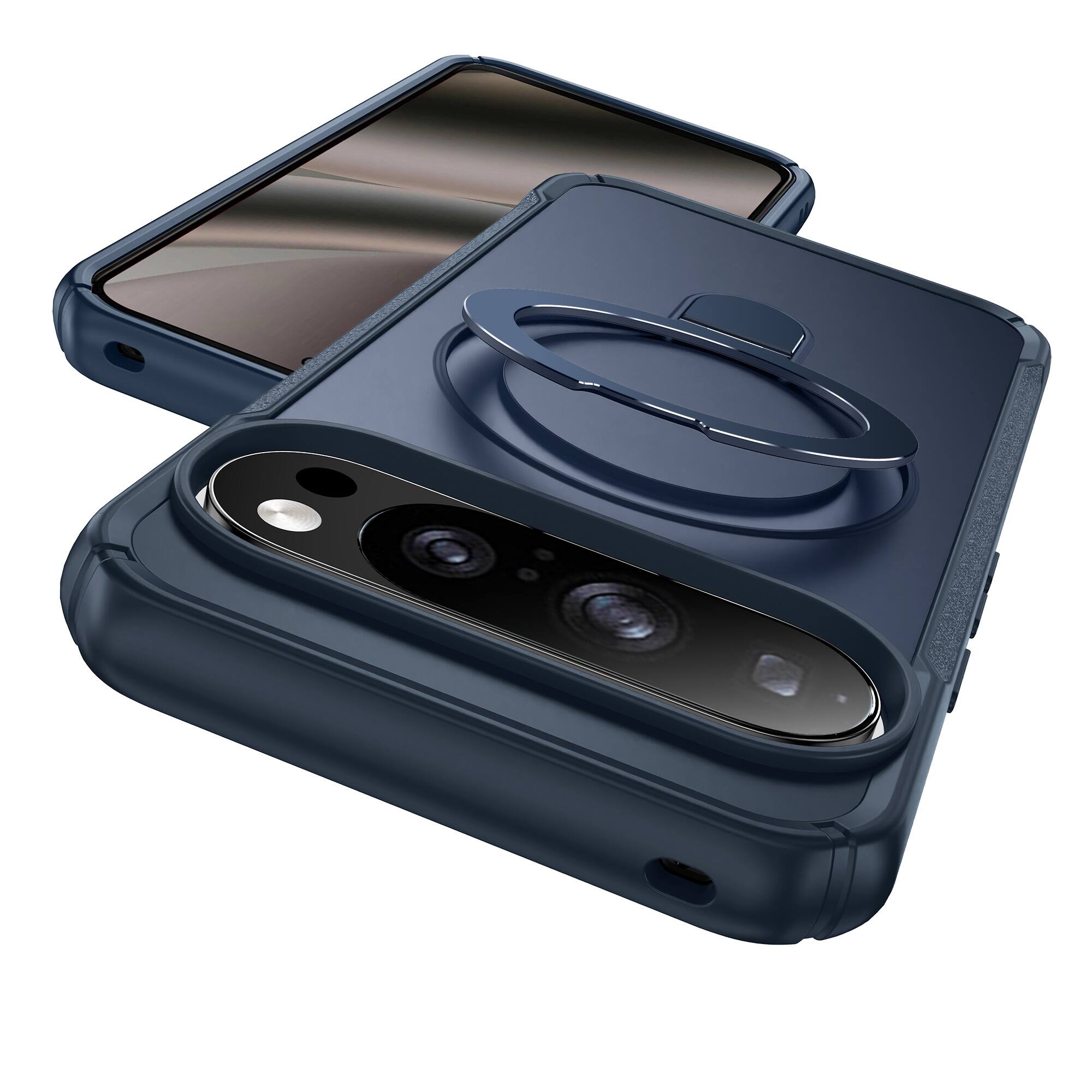 Angle. Dteck - Rugged Case For Google Pixel 11 Pro XL Slim Magnetic Shockproof Non-slip Cover With Adjustable Ring Stand - Darkblue.