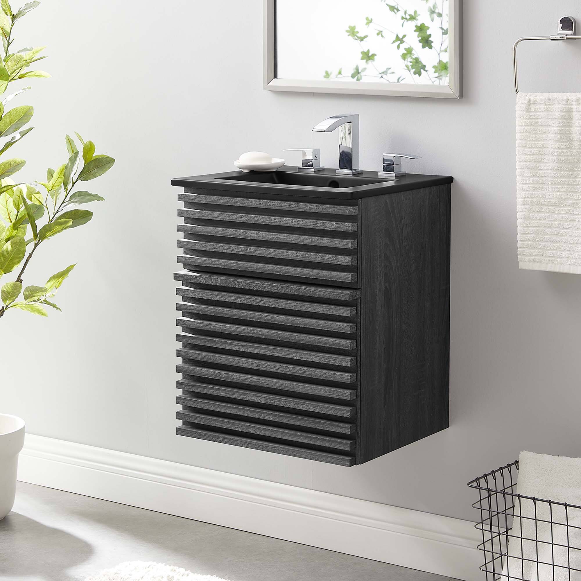 Modway - Render Wall-Mount Bathroom Vanity with Black Basin Included - Charcoal Black