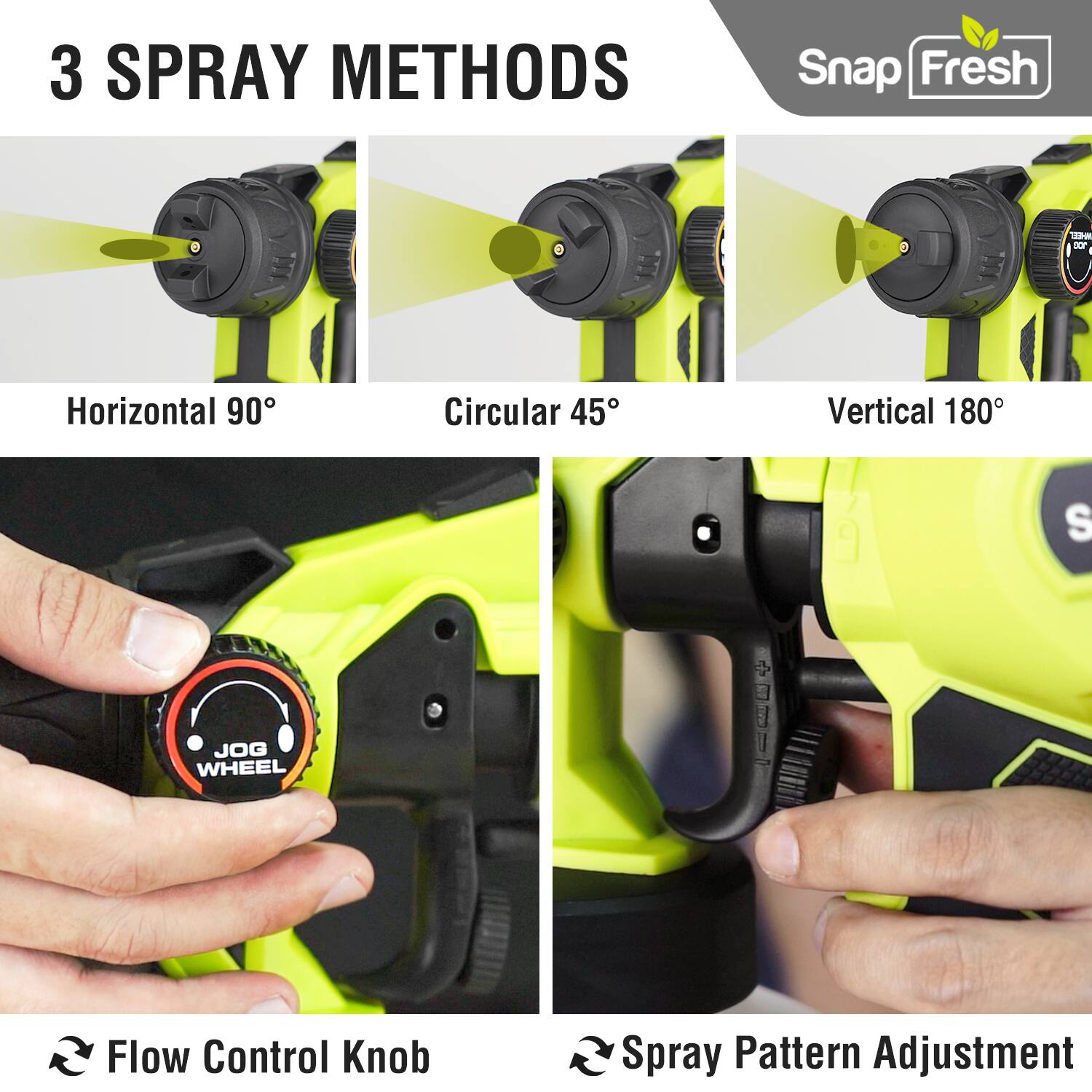 3 SPRAY METHODS  
- Horizontal 90°  
- Circular 45°  
- Vertical 180°  

JOG WHEEL  
Flow Control Knob  
Spray Pattern Adjustment