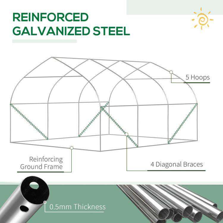 REINFORCED GALVANIZED STEEL

- 5 Hoops
- Reinforcing Ground Frame
- 4 Diagonal Braces
- 0.5mm Thickness