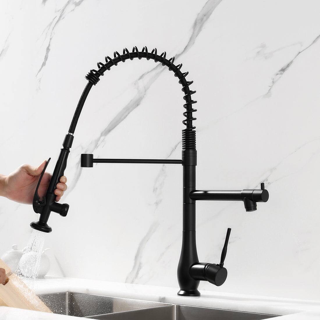 Alt View 9. Boyel Living - Matte Black Single Handle No Sensor Gooseneck Pull Down Sprayer Kitchen Faucet with Dual Function - Matte Black.