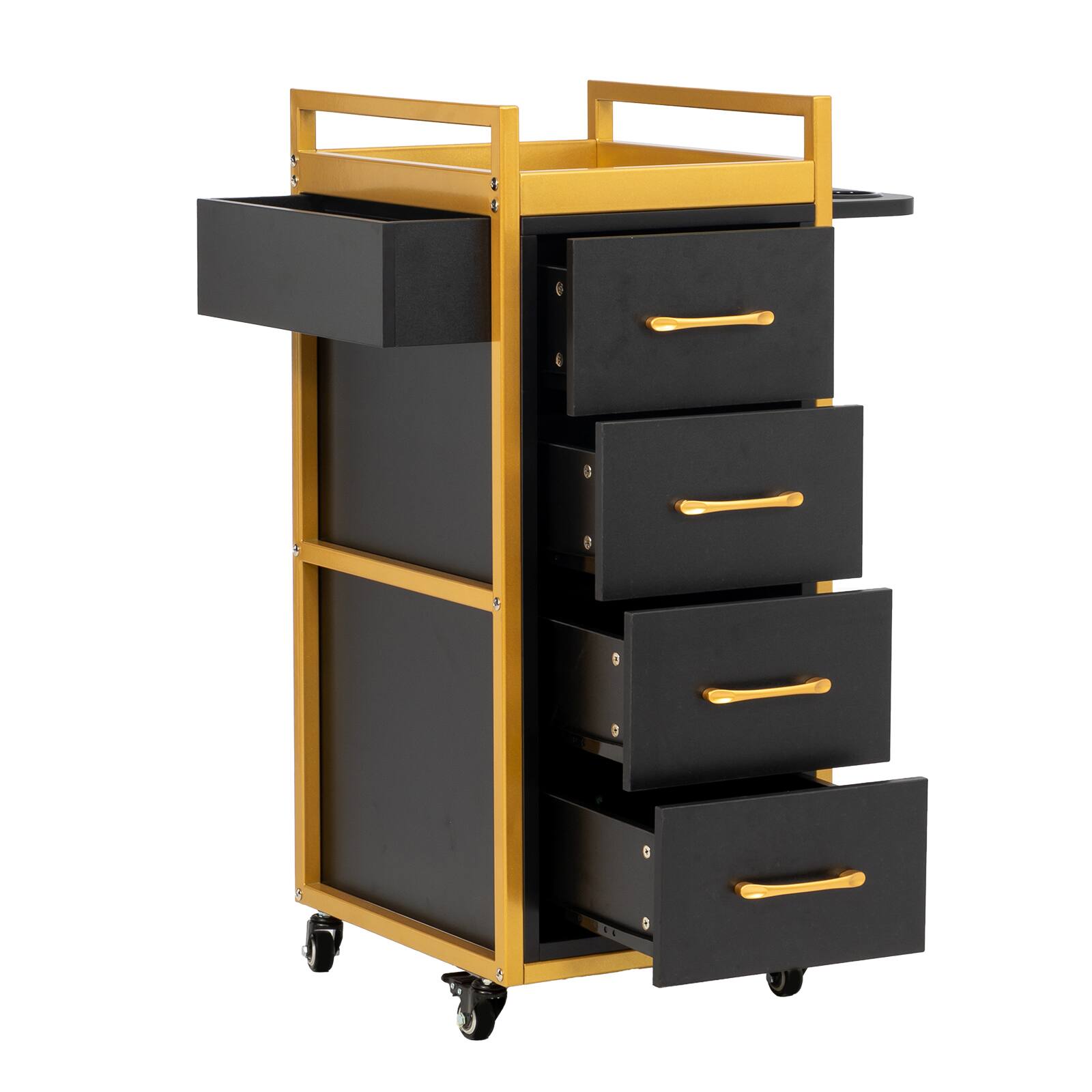 Back. Winado - Trolley Cart Mobile Salon Station with 4 Drawers, 5 Hot Tool Holders, Side Storage Shelf for Hair Salons, Beauty, Spas - Black & Gold.