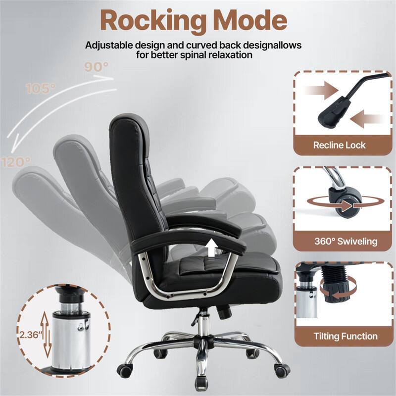 105° Rocking Mode Adjustable design and curved back design allows for better spinal relaxation. 90° - 120° Recline Lock. 360° Swiveling. 2.36" Tilting Function